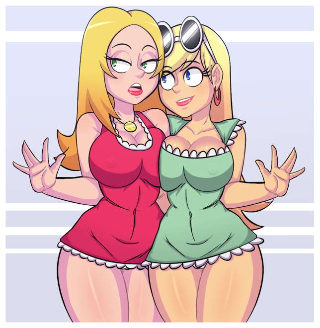 20th century fox, 20th century studios, 2girls, abs, abstract background, american dad, blonde, blue eyes, breasts, cleavage, crossover, donchibi, female, francine smith, fuzzy door productions, glasses on head, green dress, green eyes, hourglass figure, leni loud, mature female, milf, necklace, nickelodeon, nickelodeon animation studio, nipples bulge, open mouth, parody, pink dress, posing, purple background, shiny skin, short dress, sitcom, slim waist, standing, tbs (turner broadcasting system), the loud house, tight clothing, tight fit, underdog productions, white background, white panties
