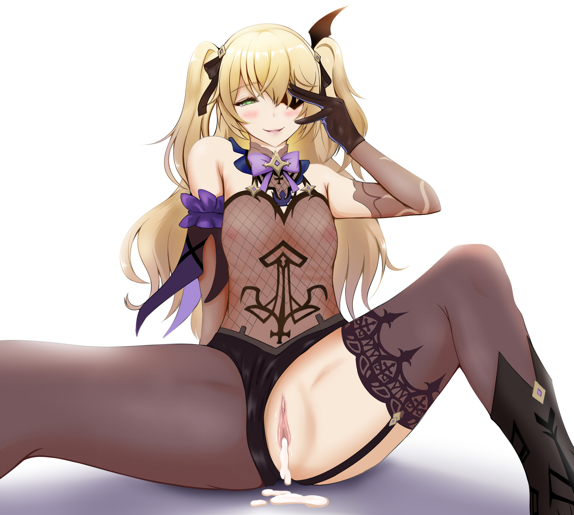 after sex, after vaginal, areolae, bare shoulders, blonde hair, breasts, clitoris, cum, cum drip, cum in pussy, cum inside, cum leaking, eyewear, female, fischl (genshin impact), genshin impact, gesture, gloves, green eyes, half-closed eyes, handwear, legwear, long hair, looking at viewer, nipples, nipples visible through clothing, panties aside, pleasure face, presenting, presenting pussy, pussy, see-through, small breasts, smile, solo female, spread legs, stockings, sweat