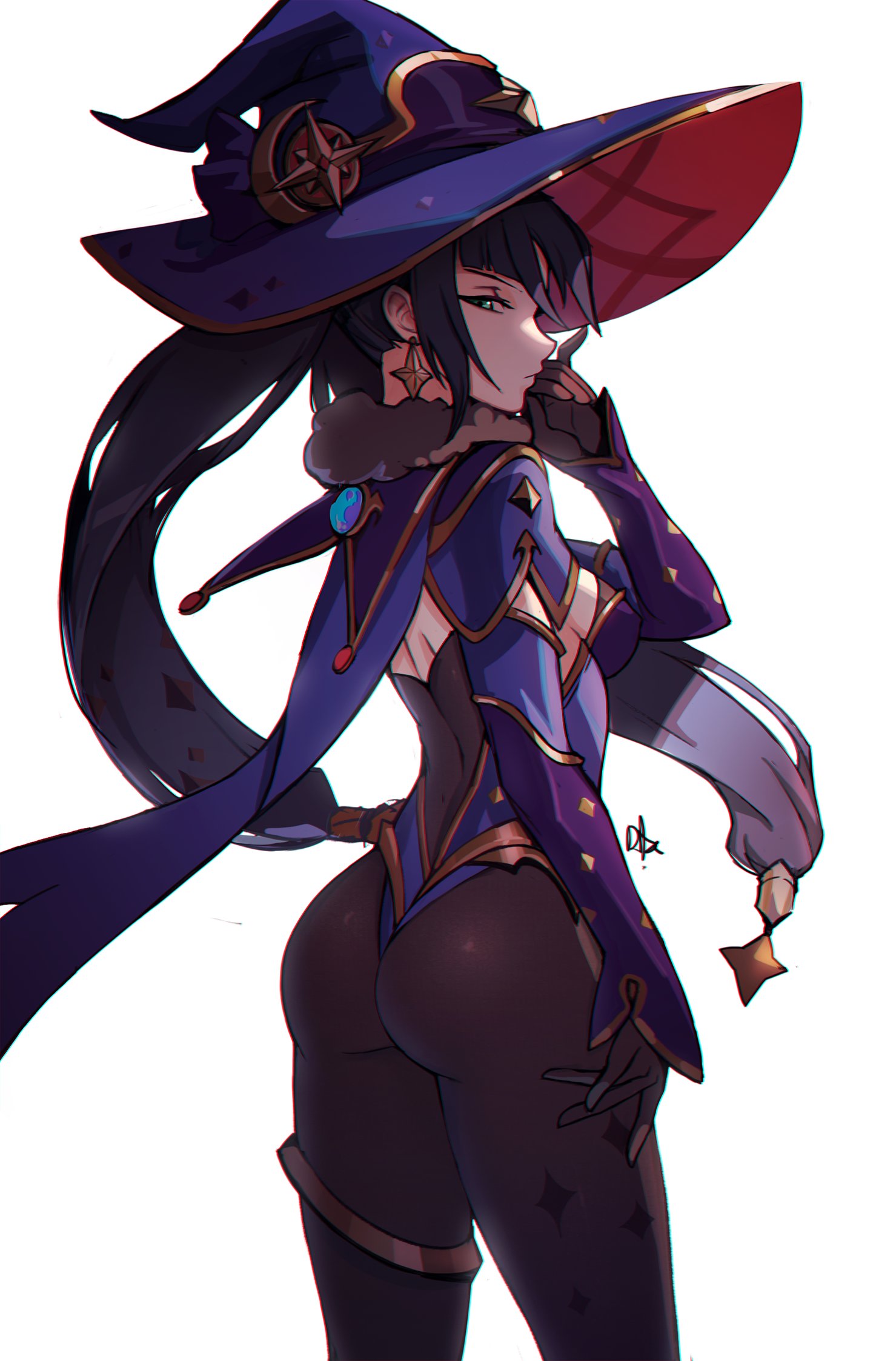 1girls, aqua eyes, arm support, armwear, ass, black hair, blue eyes, breasts, cape, clothed female, detached sleeves, ear piercing, female, female focus, female only, fully clothed, genshin impact, long hair, looking back, medium breasts, mona (genshin impact), ninra, pinup, purple hair, sideboob, simple background, solo, twintails, white background, wizard, wizard hat