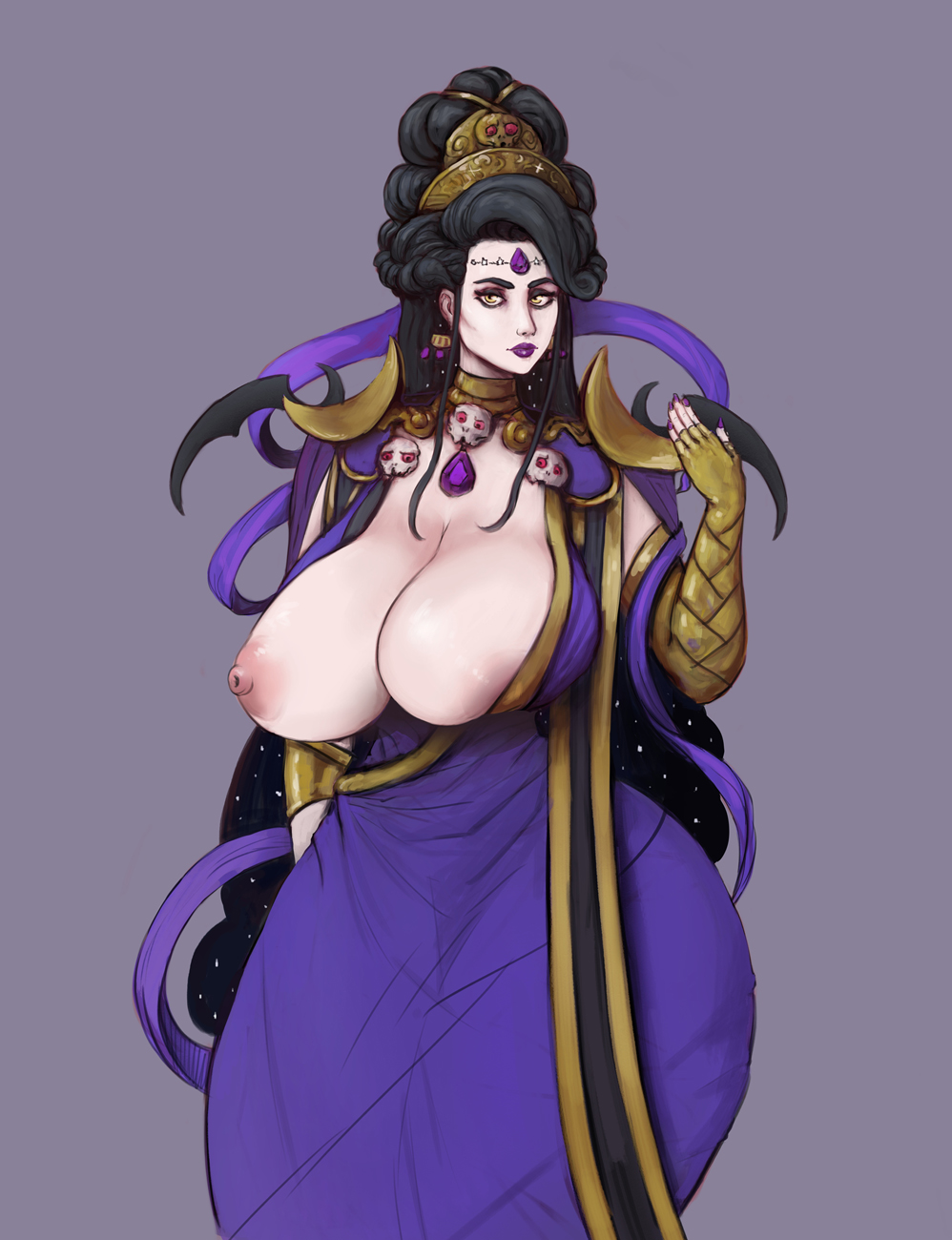 areolae big_breasts breasts breasts_out dress dress_pull earrings exposed_breasts female female_only forehead_jewel gloves hades_(game) hair_ornament huge_breasts jewelry milf nail_polish nipples nyx_(hades) pinup purple_lipstick purple_nails shinyglute thick thick_thighs