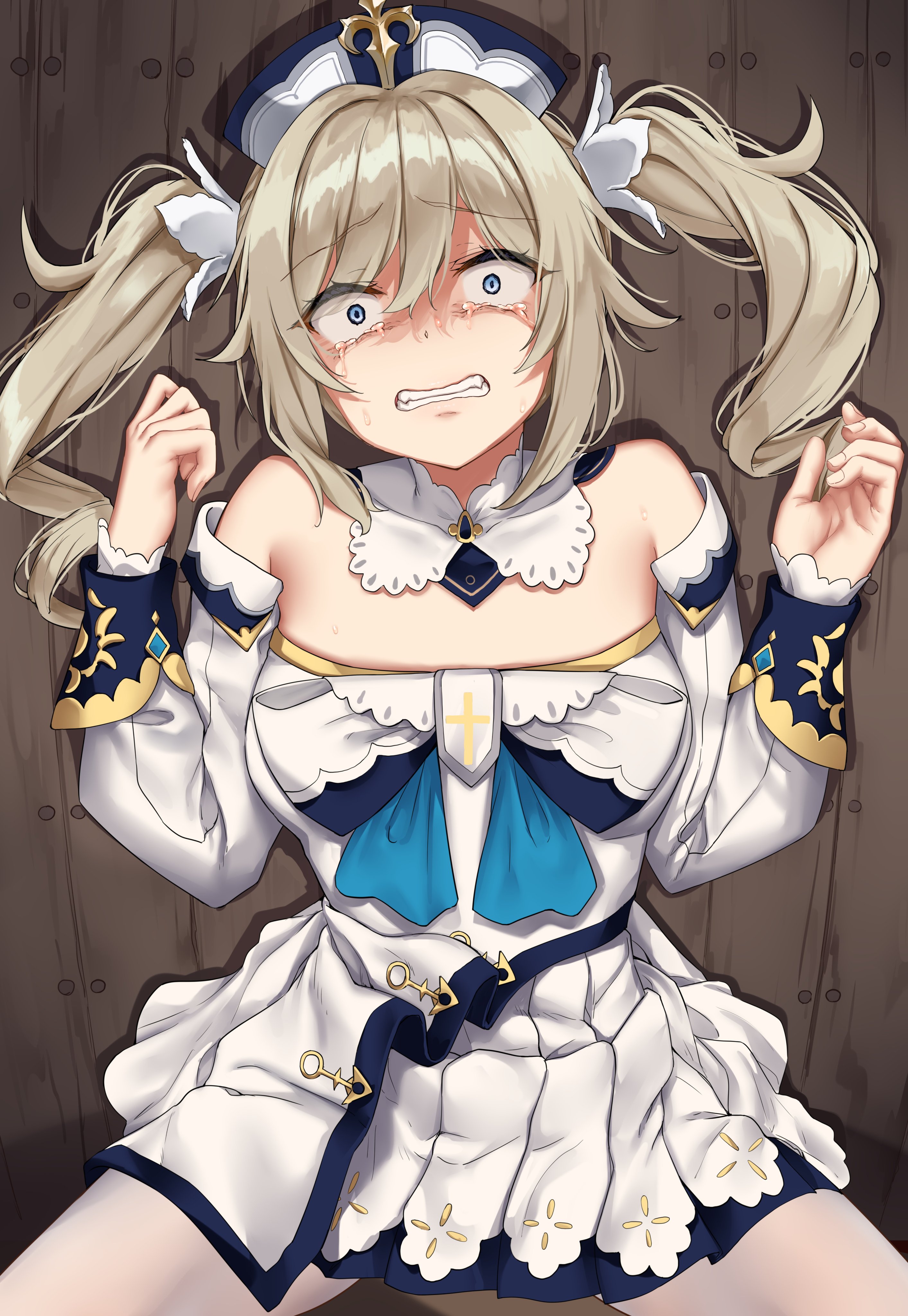 1girls, absurd res, barbara (genshin impact), blonde hair, blue eyes, breasts, clenched teeth, cross, crying, crying female, crying rape victim, crying with eyes open, dress, fear, female, female only, femsub, forced, genshin impact, hi res, imminent rape, jack dempa, looking at viewer, lying, nonconsensual, nun, pantyhose, priestess, rape, scared, sweatdrop, tears, terrified, twintails, unwilling, wide eyed, wide-eyed, worried