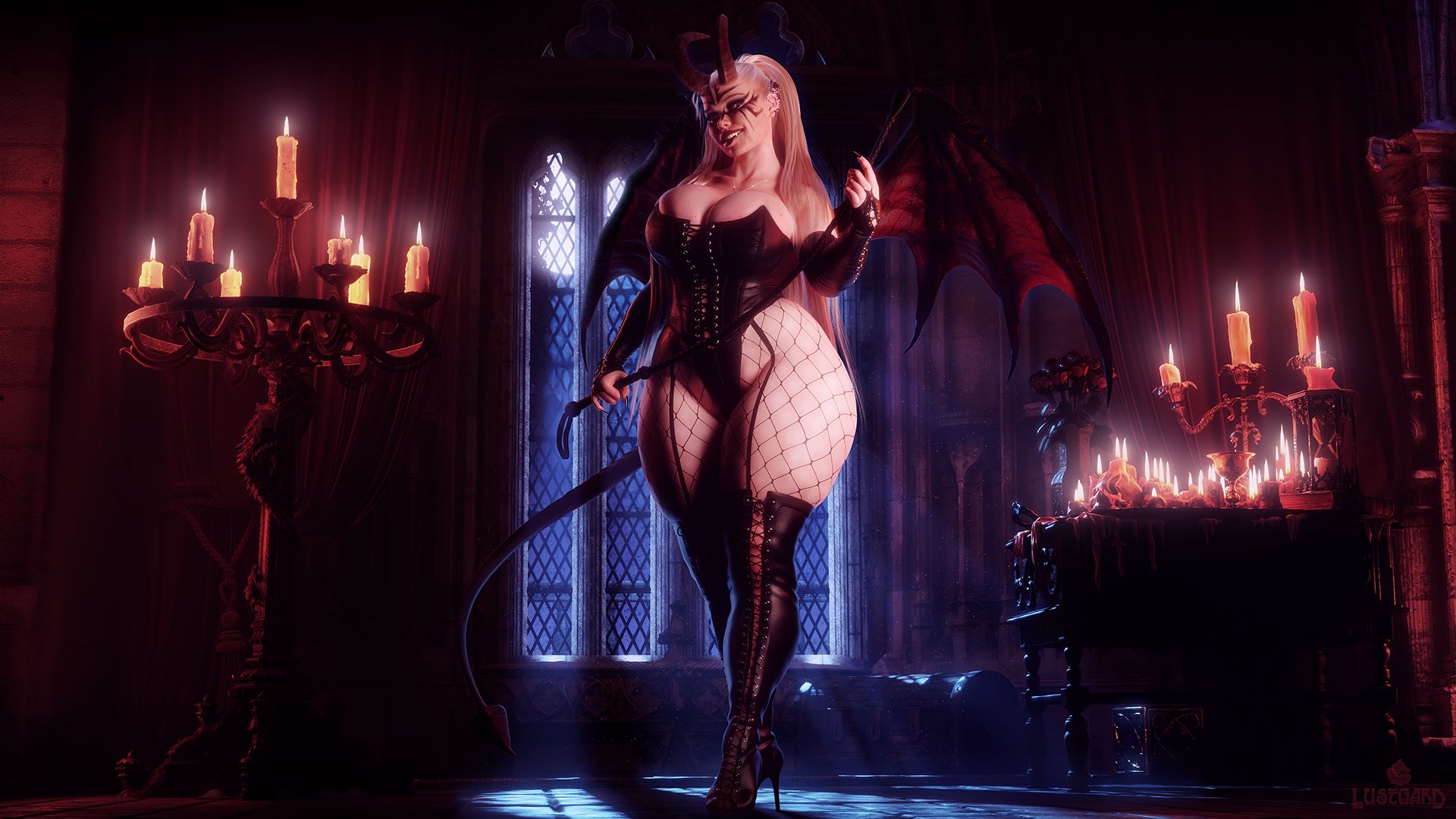 1girls, 3d, big breasts, blender, blonde hair, breasts, busty, cleavage, curvy, demon, demon wings, female, female only, horns, large breasts, looking at viewer, lustgard, njorijanna, solo, succubus, thick thighs, venus body, voluptuous, wide hips