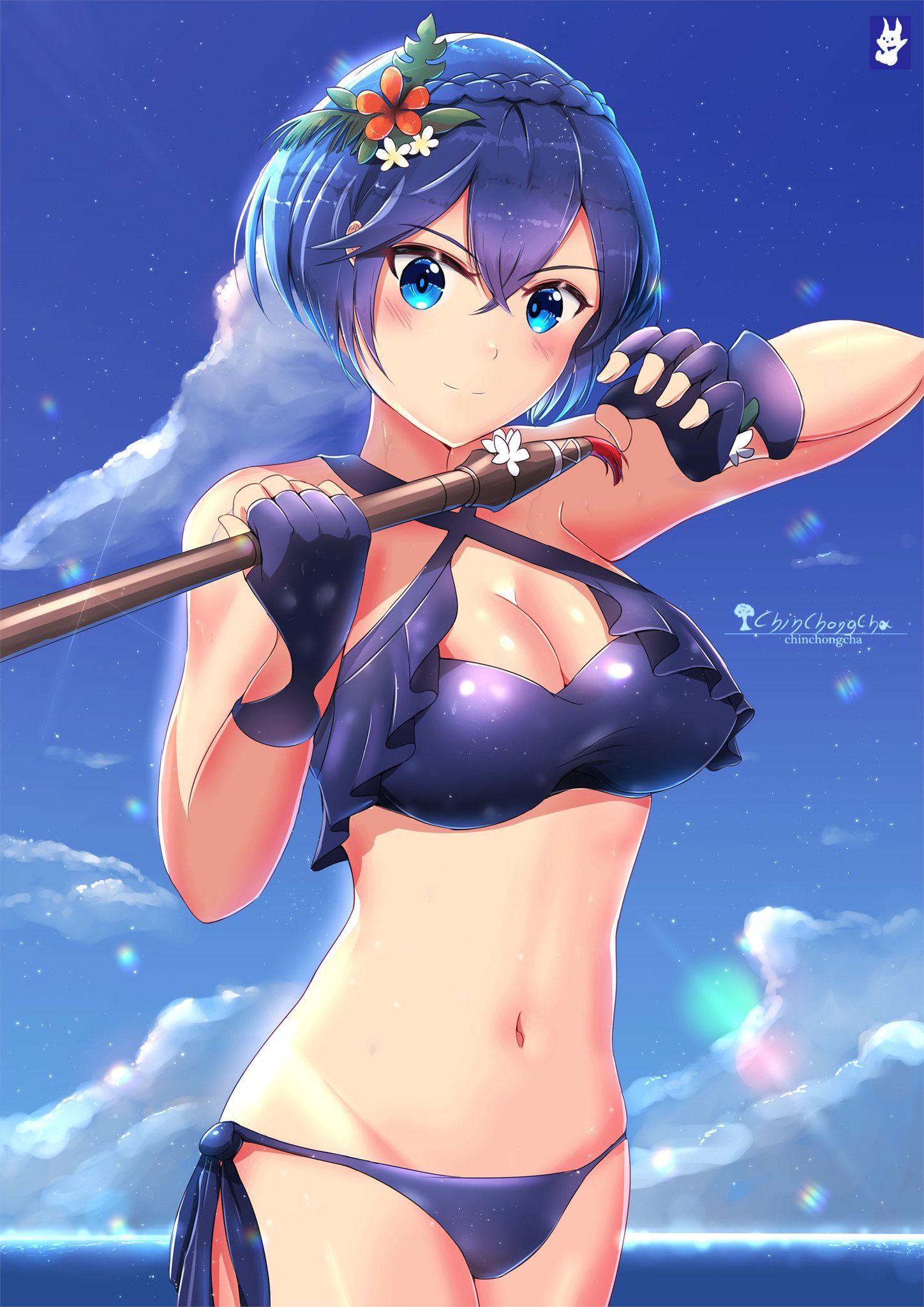alternate breast size, belly button, blue eyes, blue hair, breasts, chinchongcha, cleavage, female, fingerless gloves, fire emblem, fire emblem awakening, fire emblem heroes, lucina (fire emblem), marth (fire emblem awakening), short hair, swimsuit