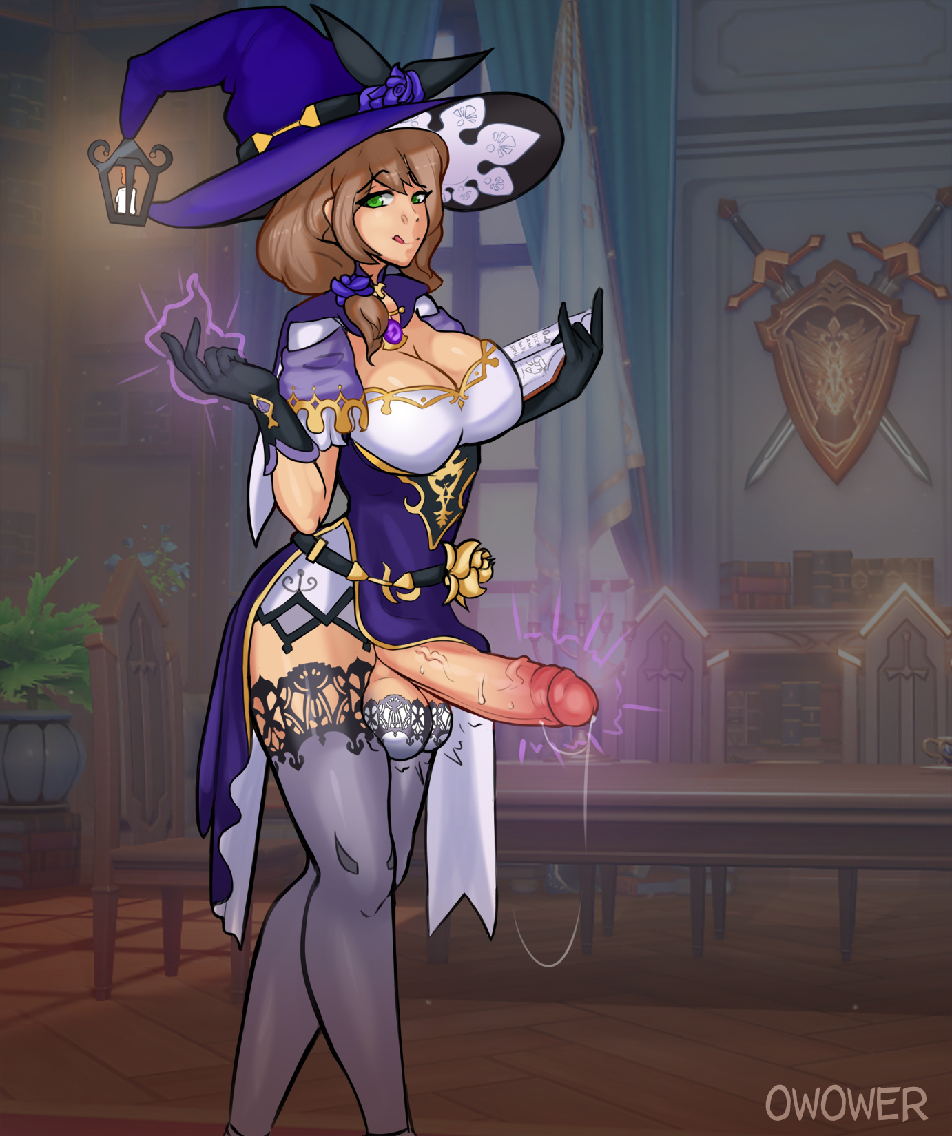 0w0wer, 1futa, balls, balls bra, big breasts, breasts, cleavage, clothed, clothing, detailed background, dickgirl, erection, futa only, futanari, genshin impact, hat, huge balls, huge cock, human, intersex, large breasts, licking lips, lisa (genshin impact), looking at viewer, magic, magic user, mostly clothed, penis, precum, solo, solo futa, standing, testicles, thighhighs