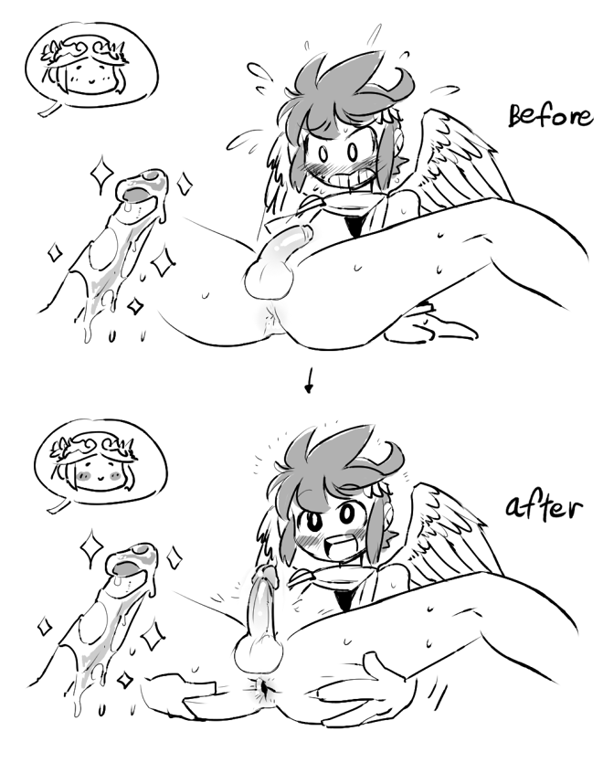 1boy, 1futa, ambiguous background, angel, anus, balls, before and after, blush, crap-man, futa is bigger, futa on male, futanari, gaping, humanoid, imminent sex, implied sex, intersex, kid icarus, male, male focus, monochrome, nintendo, palutena, penis, pit (kid icarus), solo focus, spread anus, spread legs, spreading, tagme, text, wings