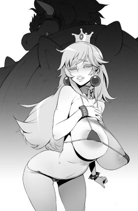 arched back, big breasts, bowser, breasts, crown, doxy, erect nipples, eyes half open, female, female focus, long hair, mario (series), micro bikini, monochrome, nintendo, nipples, princess peach, wide hips, wide thighs