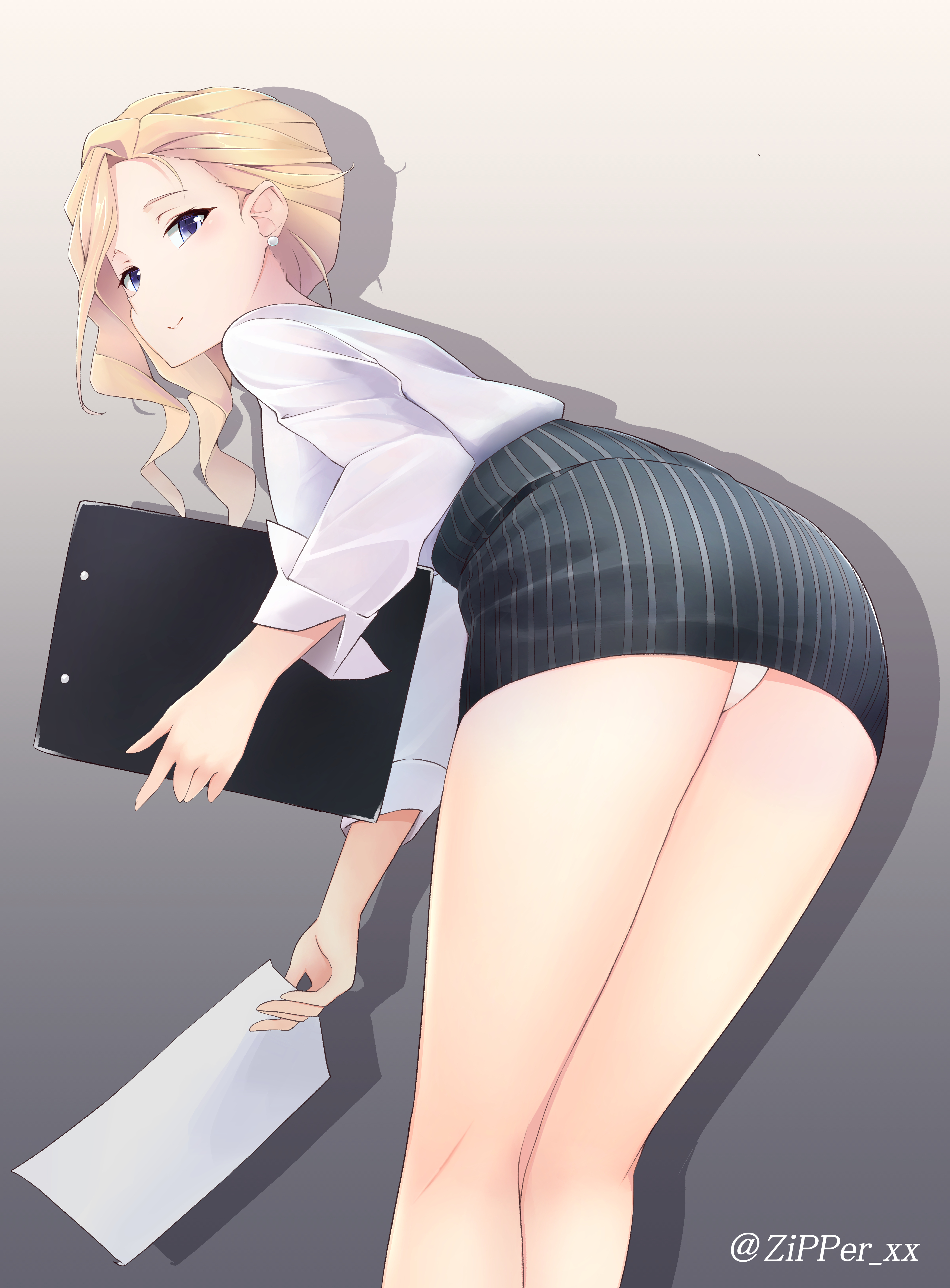 1girls, absurdres, alternate costume, azur lane, bare legs, bent over, black skirt, blonde hair, blue eyes, business suit, clipboard, collared shirt, cowboy shot, earrings, female, female only, gradient, gradient background, grey background, highres, hood (azur lane), jewelry, looking at viewer, looking back, medium hair, miniskirt, office lady, panties, pantyshot, pantyshot (standing), paper, pencil skirt, picking up, secretary, shadow, shirt, skirt, skirt suit, smile, solo, solo female, standing, striped, striped skirt, tight skirt, twitter username, underwear, upskirt, white panties, white shirt, zipper xx