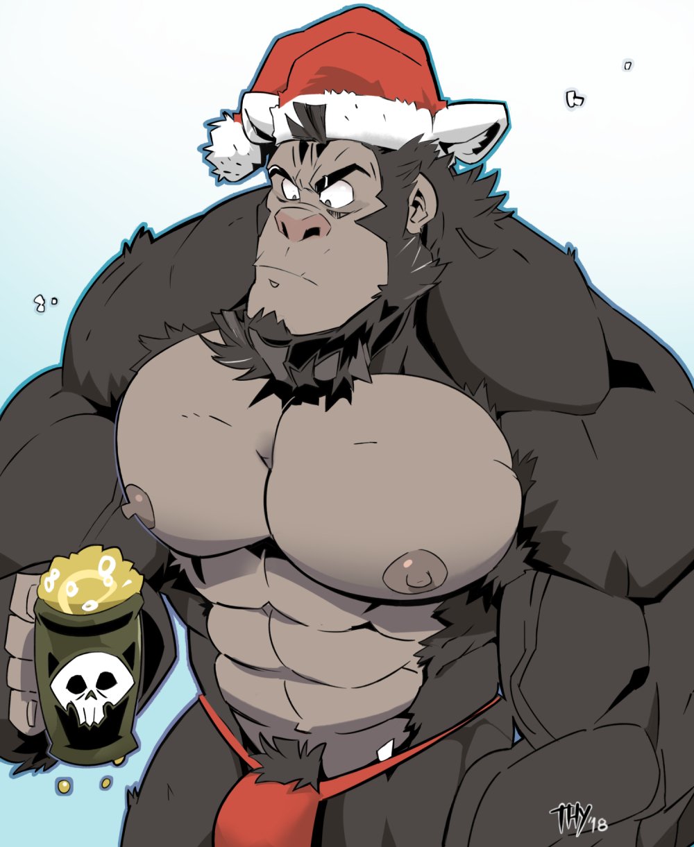 anthro black_fur bulge christmas christmas_hat furry gay gorilla grey_skin jockstrap male male_only muscular muscular_anthro muscular_arms muscular_male nipples poison pubic_hair pubic_tuft santa_hat skull solo thy_carker thymilph vein veins veiny_arms veiny_muscles