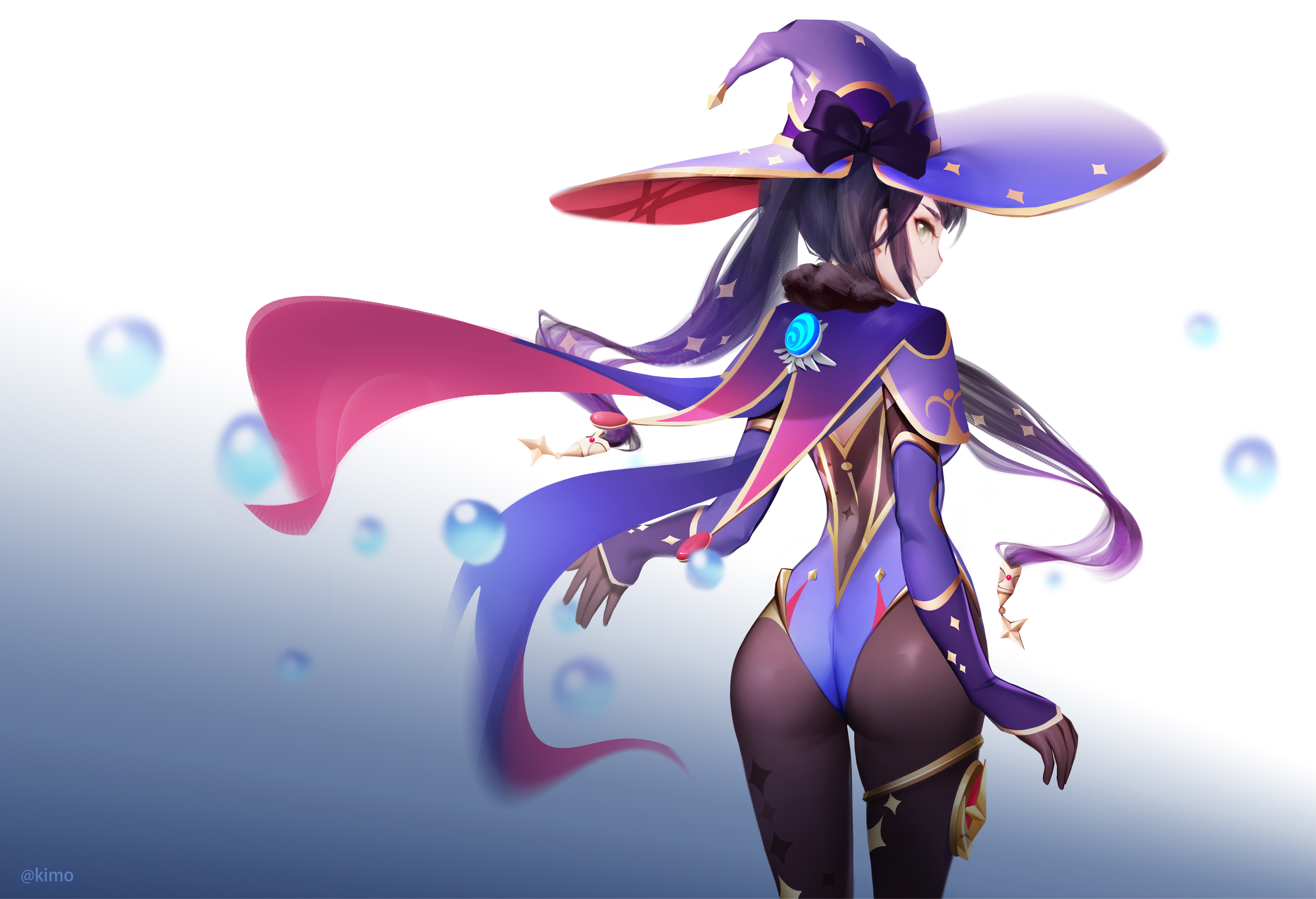 1girls, armwear, ass, black hair, breasts, cape, female, genshin impact, green eyes, kimo artist, looking back, mona (genshin impact), pinup, sideboob, solo, twintails, white skin, wizard, wizard hat
