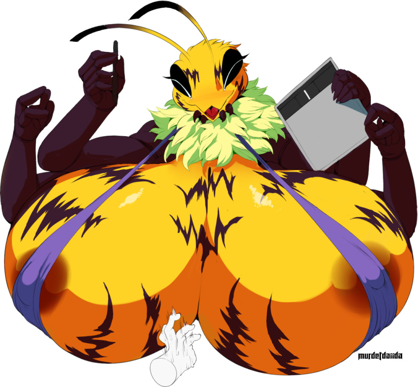 1girls, 4 arms, 5 fingers, antennae, anthro, anthro only, anthrofied, arthropod, bee, bee girl, big breasts, breasts, breasts bigger than head, closed eyes, disembodied hand, eyelashes, eyes closed, female, female only, huge breasts, humanoid, hyper, hyper breasts, insects, large breasts, meli the bee (vhsdaii), multi arm, multi limb, simple background, smile, solo, solo female, top heavy, upper body, vhsdaii, watermark, white background
