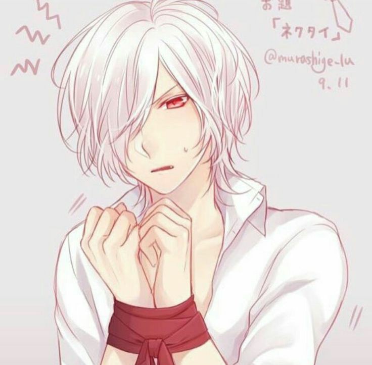 annoyed bound bound_wrists clothed clothed_male diabolik_lovers fangs glaring male male_only murashige-lu_(artist) red_ribbon solo solo_male subaru_sakamaki sweat sweatdrop white_hair