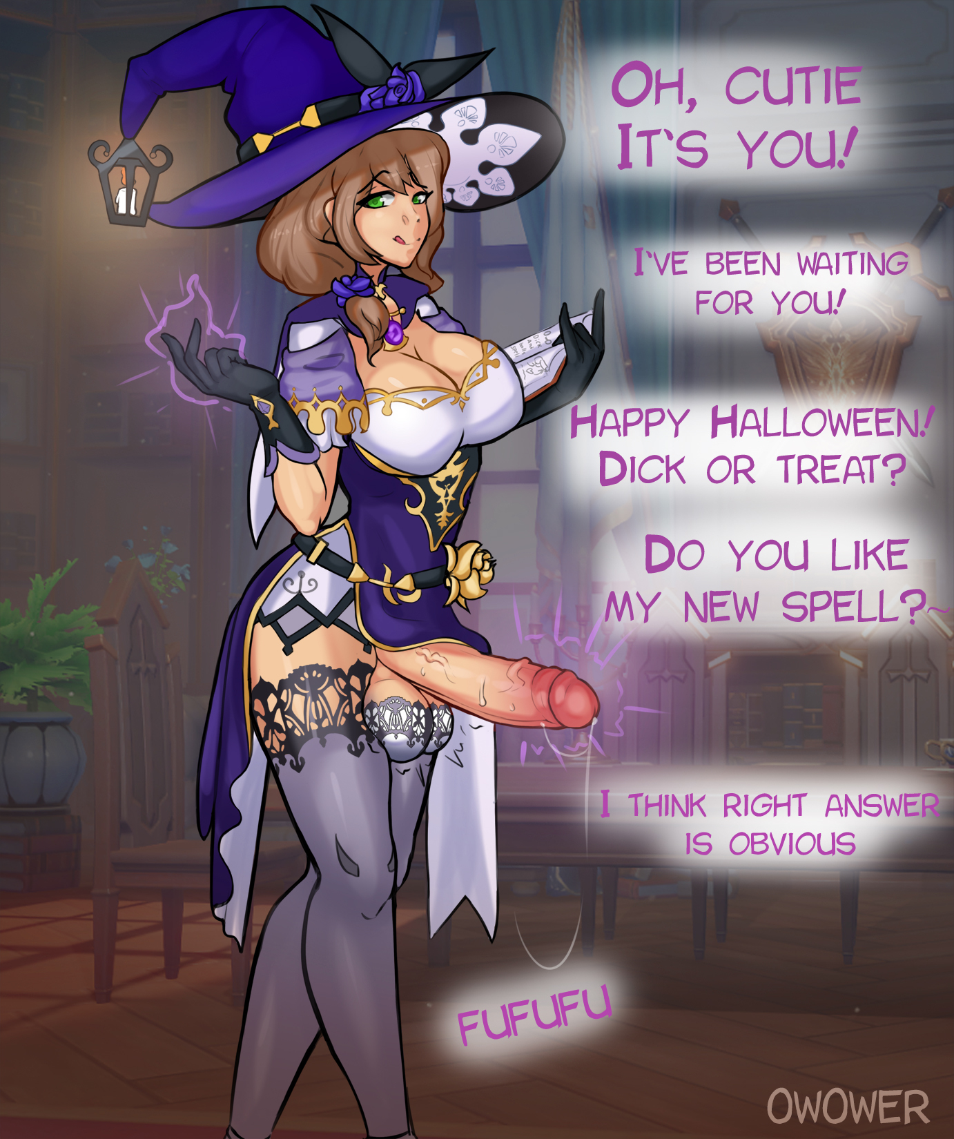 0w0wer, 1futa, balls, big breasts, breasts, brown hair, cleavage, clothed, clothing, dickgirl, erection, female, female to futa, futa only, futa transformation, futanari, genital growth, genshin impact, green eyes, hairless balls, huge balls, huge cock, human, intersex, large balls, large breasts, large penis, licking lips, lisa (genshin impact), looking at viewer, magic, mostly clothed, pale skin, penis, penis growth, precum, solo, solo futa, talking to viewer, testicles, text, thighhighs, transformation, witch hat