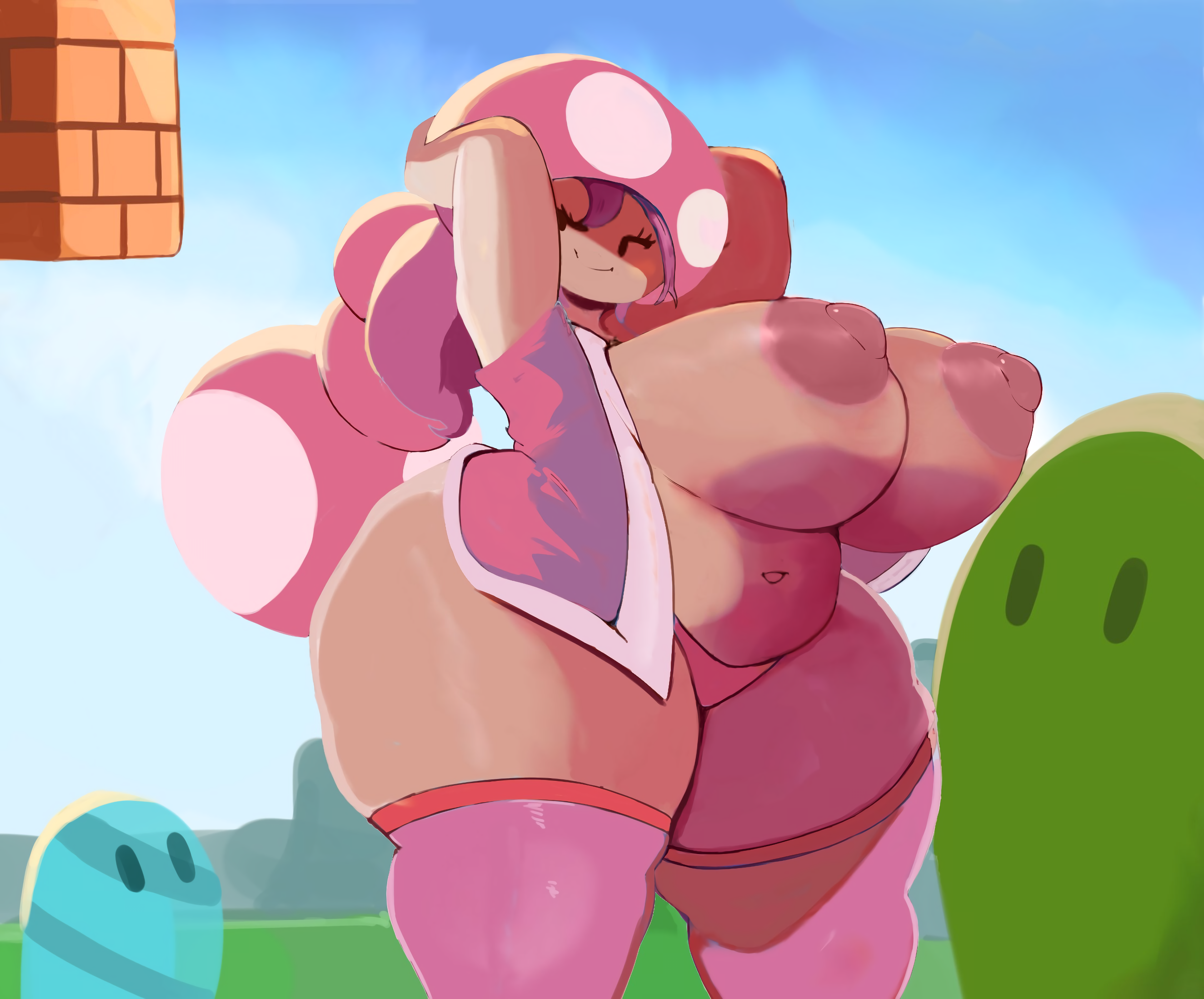 1girls, absurd res, areolae, arms up, ass, bangs, bare breasts, bbw, belly, blush, breasts, curvy, eyebrows, fat, female, functionally nude, gigantic ass, hat, hi res, high resolution, huge ass, huge breasts, humanoid, imago ic, jewelry, large breasts, long hair, mario (series), midriff, mushroom, navel, nintendo, nipples, no bra, nude, one eye closed, panties, pink eyes, pink hair, pink panties, plump, pose, shoes, simple background, slightly chubby, smile, super mario bros., tanned, thick thighs, thighhighs, thighs, tied hair, toadette, tongue, twintails, undersized clothes, underwear, wide hips