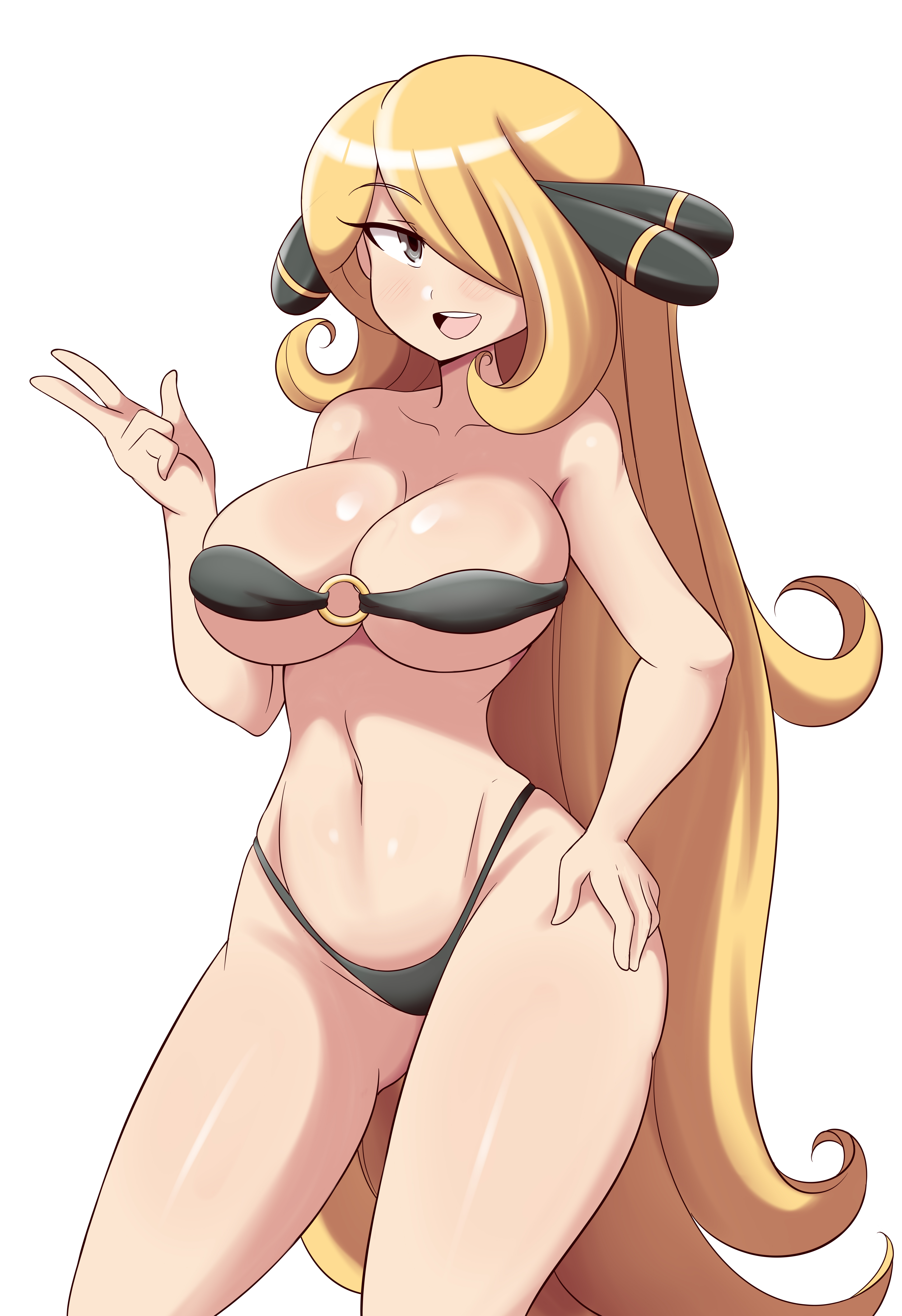 1girls, 2020, big breasts, bikini, blonde hair, breasts, cynthia (pokemon), female, game freak, grey eyes, hair ornament, hair over one eye, hourglass figure, large breasts, long blonde hair, long hair, looking at viewer, lucyfercomic, nintendo, pokemon, pokemon dppt, solo, standing, thick thighs, thighs, white background, wide hips
