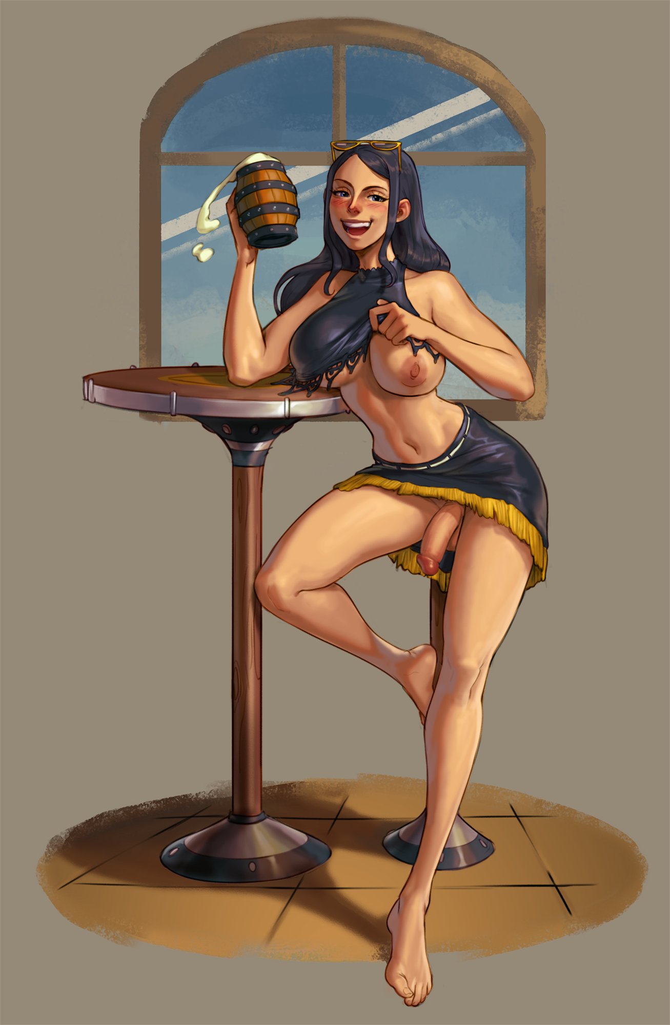 1futa, balls, beer, big breasts, big penis, black hair, blanclauz, blush, breasts, breasts out, clothed, clothing, drunk, eyewear on head, full body, futa only, futanari, glasses on head, human, intersex, lifting shirt, lifting skirt, looking at viewer, navel, nico robin, one piece, partially clothed, penis, penis out, post-timeskip, presenting, solo, solo futa, sunglasses on head, uncensored