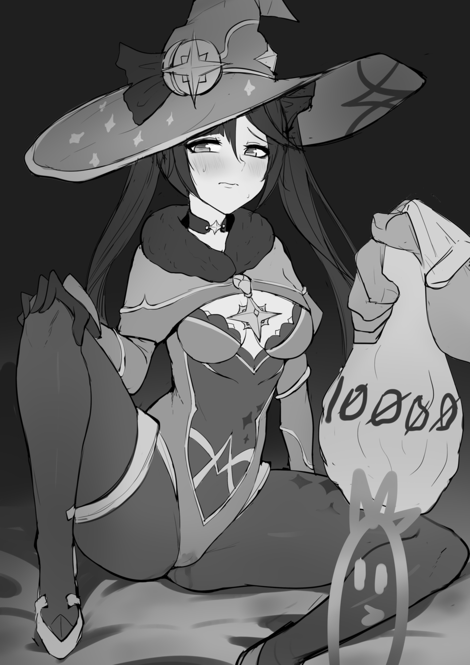 blush, female, genshin impact, imminent sex, in heat, leotard, mona (genshin impact), money, monochrome, pantyhose, prostitution, pussy, pussy juice, pussy juice stain, spread legs, witch hat