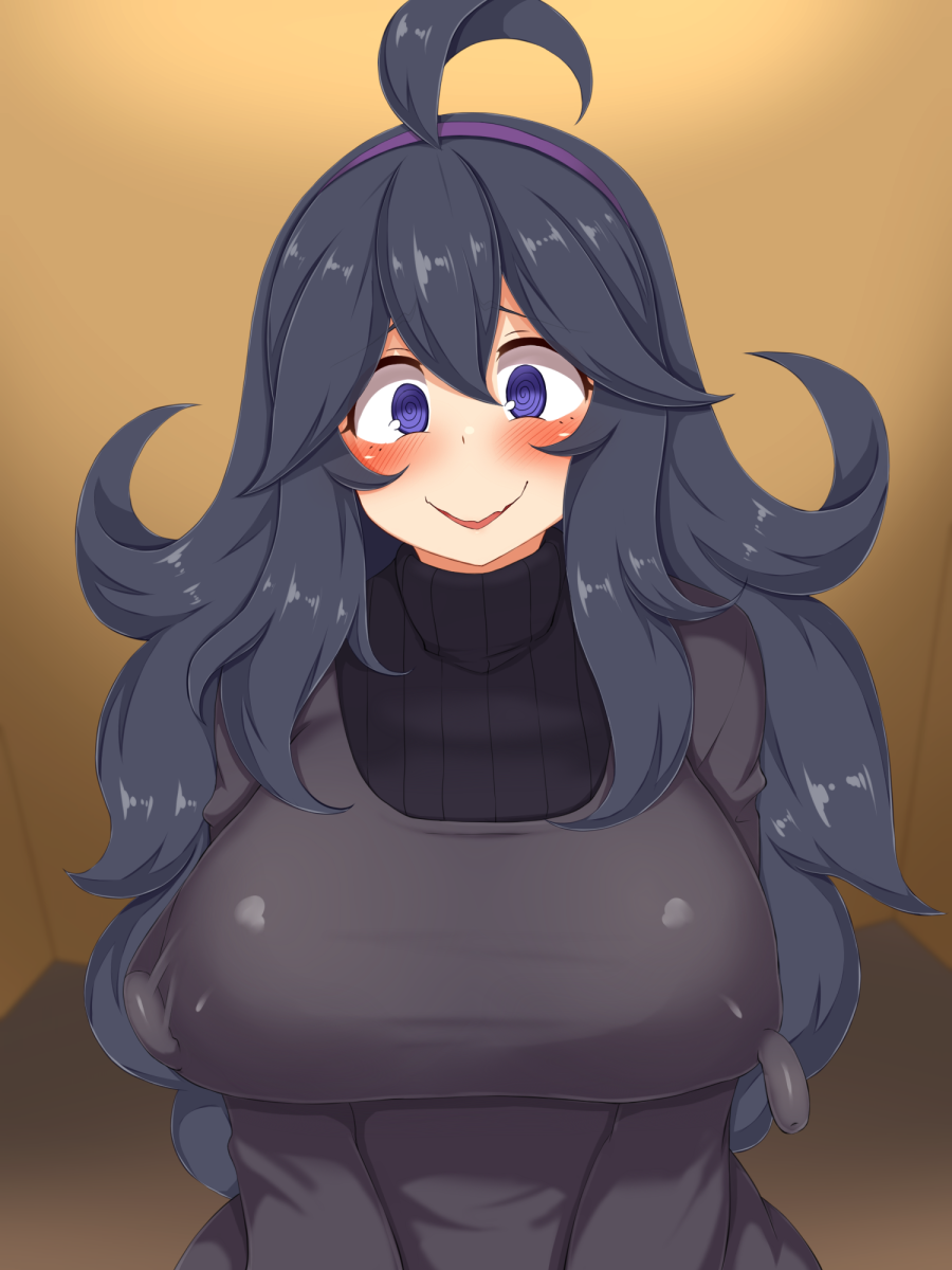 1girls, awkward smile, blush, erect nipples, erect nipples under clothes, female, hex maniac, nintendo, nipples, pokemon, pokemon xy, purple eyes, purple hair, solo, swirly eyes