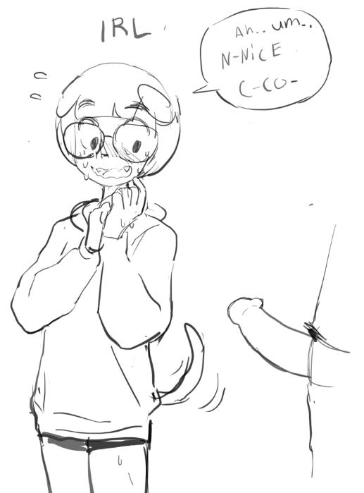2020 anthro blush bodily_fluids canid canine canis clothed clothing colo dialogue domestic_dog duo english_text female fur furry genitals hoodie humanoid_genitalia humanoid_penis humor male mammal meme monochrome nervous penis penis_awe sketch sweat tail tailwag text topwear yoon_soo-mi