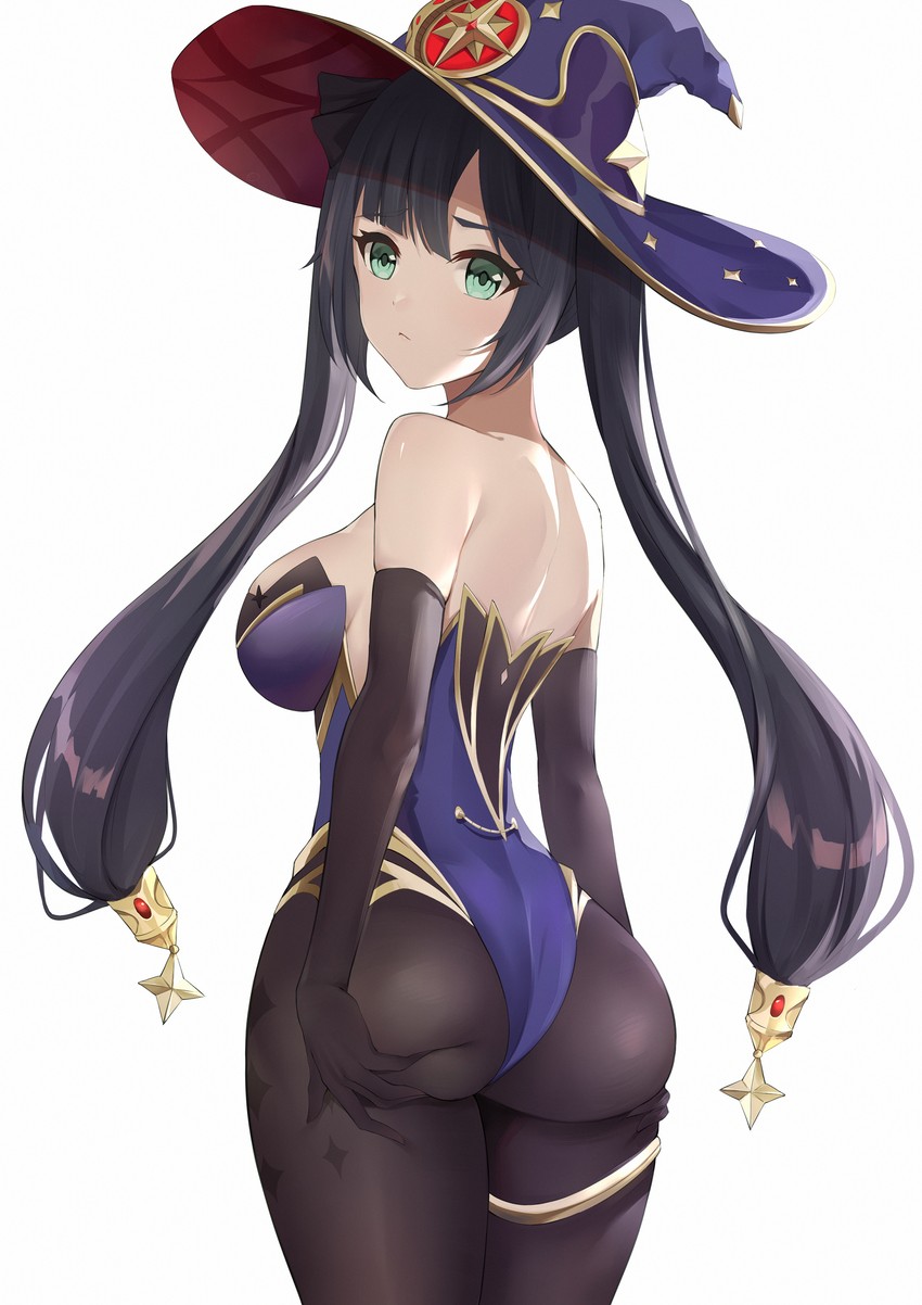 1girls, anonymous artist, armwear, ass, ass support, black hair, breasts, female, genshin impact, green eyes, hands on ass, looking at viewer, looking back, mona (genshin impact), side view, sideboob, solo, thick thighs, twintails, white background, white skin, wizard, wizard hat