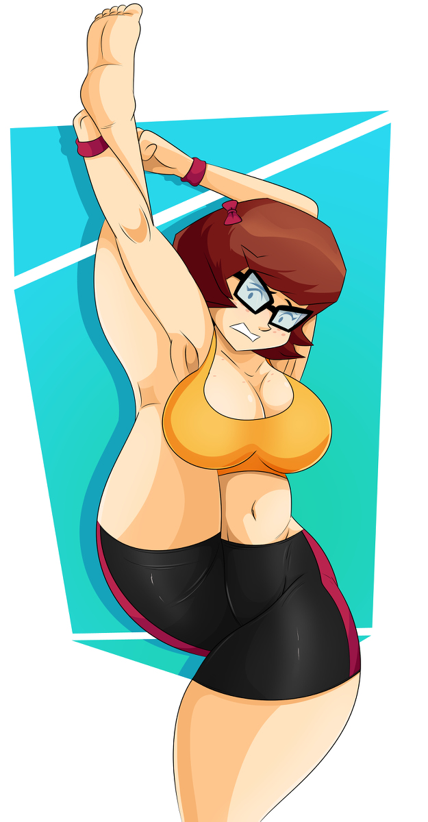 1girls, barefoot, big breasts, breasts, female, female only, hanna-barbera, scooby-doo, shorts, solo, sonson-sensei, spreading, stretching, struggling, thick thighs, velma dinkley