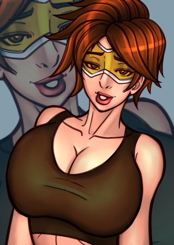 1girls, breasts, brown eyes, brown hair, cleavage, female, female only, goggles, large breasts, lipstick, looking at viewer, mascara, midriff baring shirt, ngtvisualstudio, overwatch, short hair, smile, solo, tank top, tinted eyewear, tracer, visor, yellow-tinted eyewear