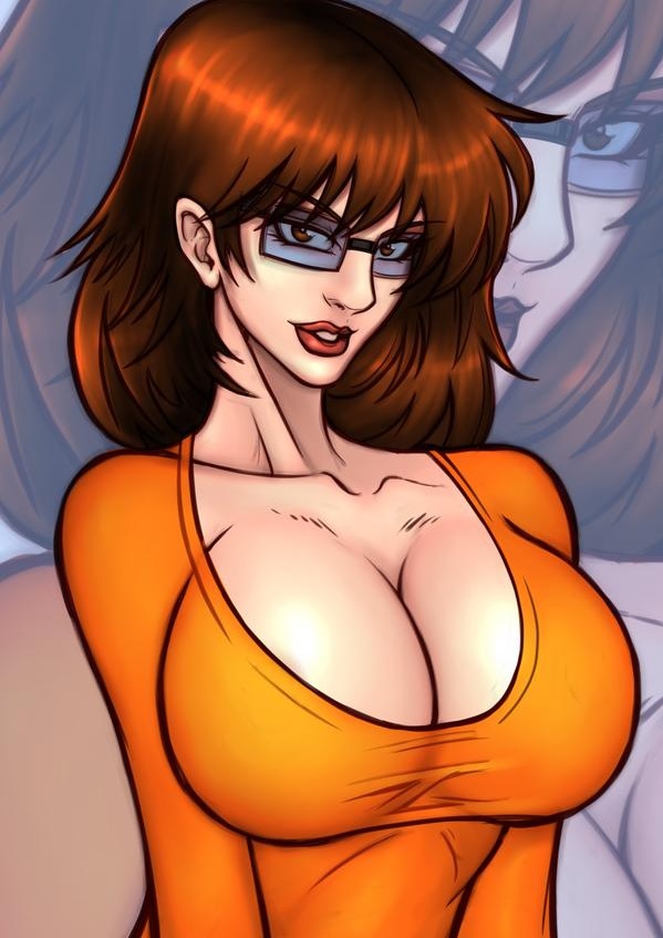 1girls, bangs, breasts, brown eyes, brown hair, cleavage, female, female only, glasses, hanna-barbera, huge breasts, large breasts, lipstick, long hair, looking at viewer, mascara, ngtvisualstudio, scooby-doo, smile, solo, tight clothing, tight shirt, velma dinkley, zoom layer