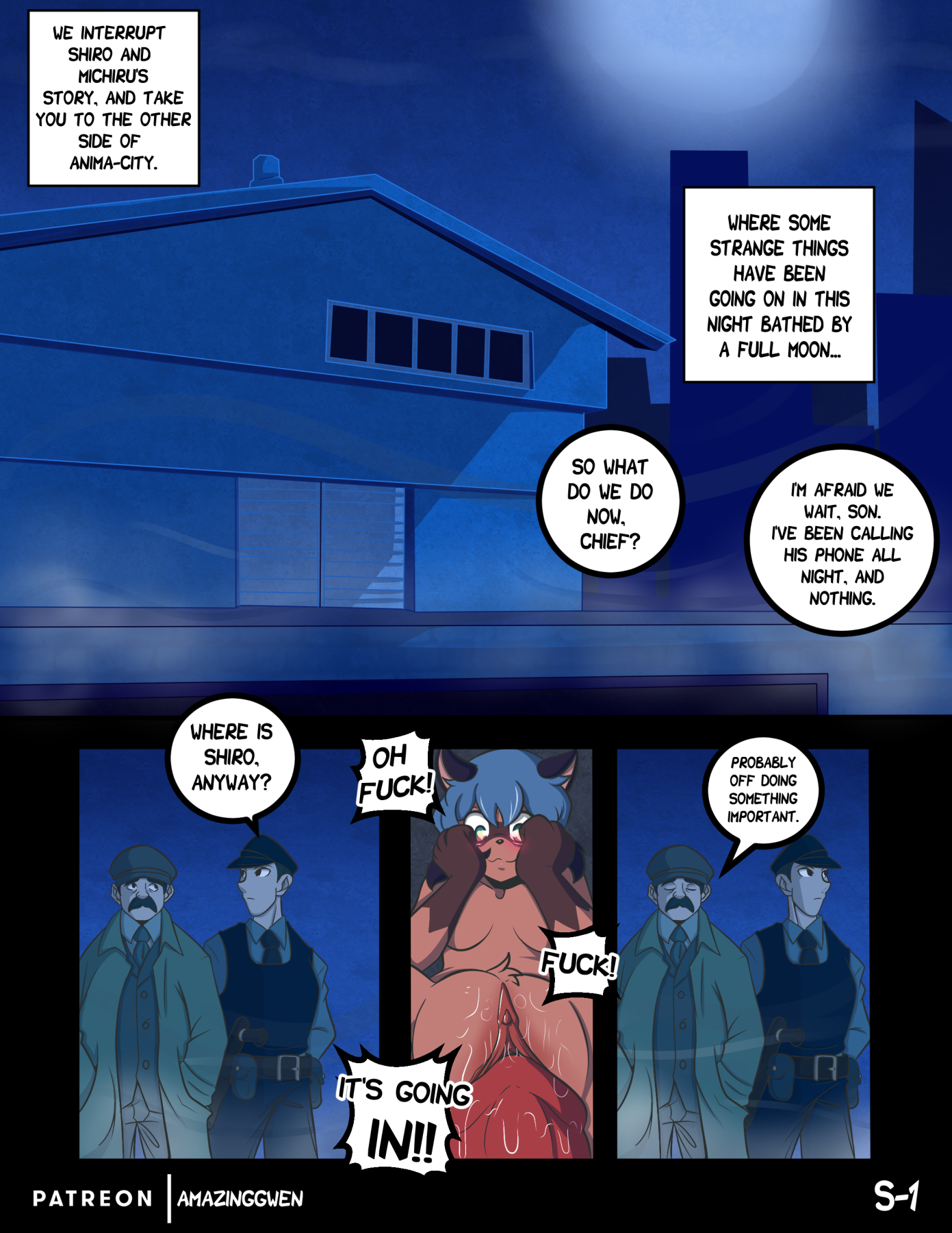 amazinggwen, anthro, anthro on anthro, anthro penetrated, anthro penetrating, anthro penetrating anthro, blush, bodily fluids, brand new animal, canid, canine, canis, comic, comic page, dialogue, english text, female, female penetrated, genital fluids, genitals, hi res, male, male penetrating, male penetrating female, mammal, michiru kagemori, nude, page 1, page number, penetration, penis, pussy, pussy juice, raccoon dog, shaded, shirou ogami, straight, studio trigger, tanuki, text, vaginal penetration, wolf