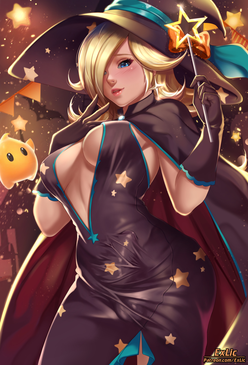 1futa, 1other, ambiguous gender, big breasts, black dress, black gloves, blonde hair, blue eyes, blush, bow, breasts, bulge, center opening, cleavage, cowboy shot, dickgirl, dress, erection, erection under clothes, exlic, futa focus, futanari, gloves, hair over one eye, halloween, halloween costume, hat, hat bow, highres, holding, holding wand, intersex, large breasts, lips, long hair, looking at viewer, luma, mario (series), medium breasts, nintendo, parted lips, patreon username, penis, penis under clothes, princess rosalina, side slit, solo focus, standing, star, star (symbol), star wand, super mario galaxy, taut clothes, wand, witch costume, witch hat