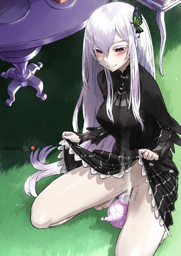 bodily_fluids butterfly_hair_ornament clothed echidna_(re:zero) haraya peeing peeing_in_cup pussy re:zero_kara_hajimeru_isekai_seikatsu white_hair