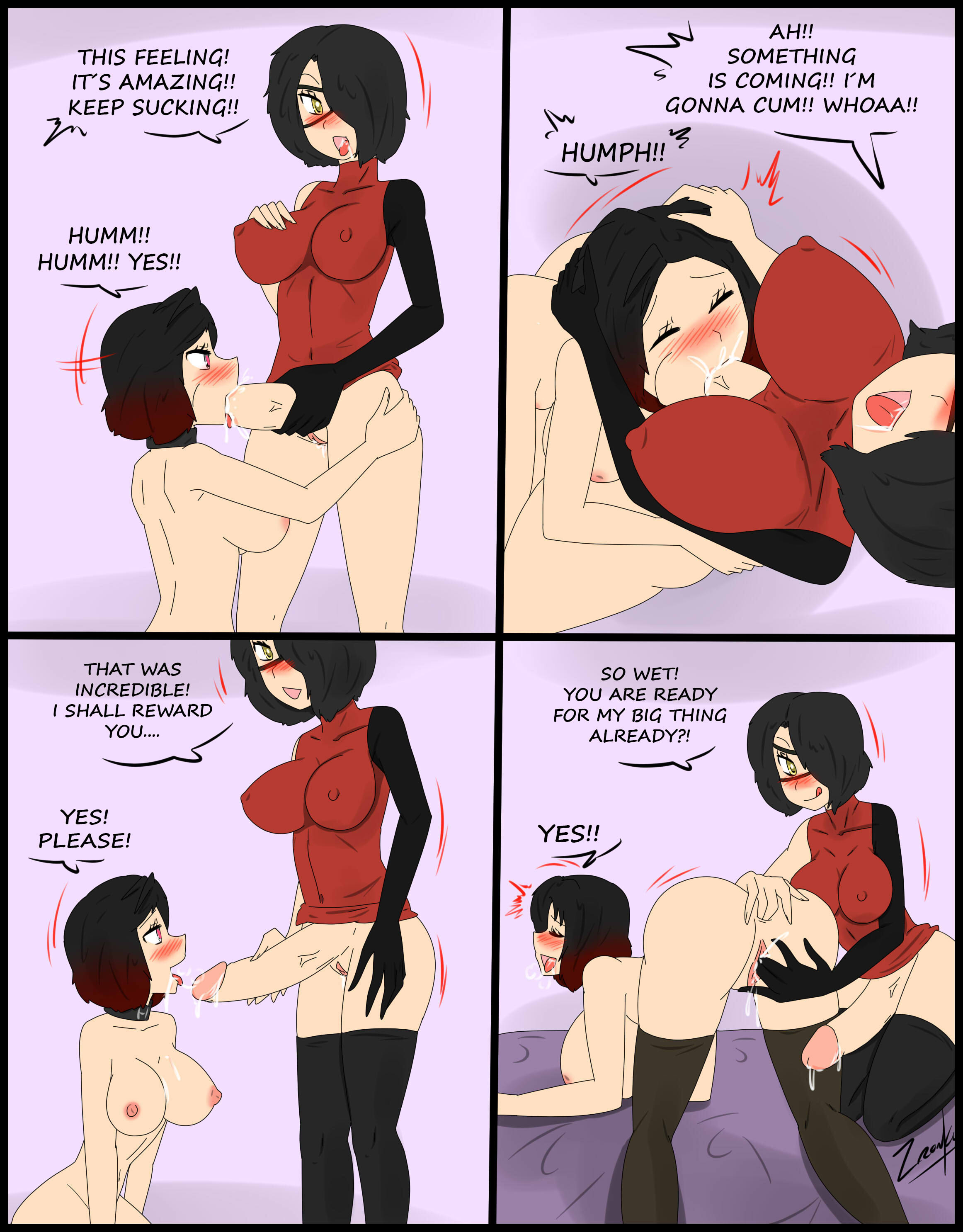 anal fingering, bed, cinder fall, collar, comic, cum, cum in mouth, cum inside, double fingering, fellatio, female, fingering, futa on female, futanari, heart-shaped pupils, intersex, looking pleasured, ruby rose, rwby, sex slave, zronku