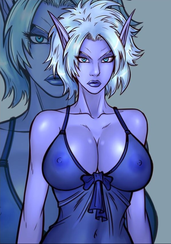 1girls annoyed blue_hair blue_skin breasts cleavage erect_nipples female female_only large_breasts lipstick looking_at_viewer mascara navel negligee ngtvisualstudio nightgown nightie nipples nipples_visible_through_clothing original_character pointy_ears purple_skin solo transparent_clothing unhappy white_hair