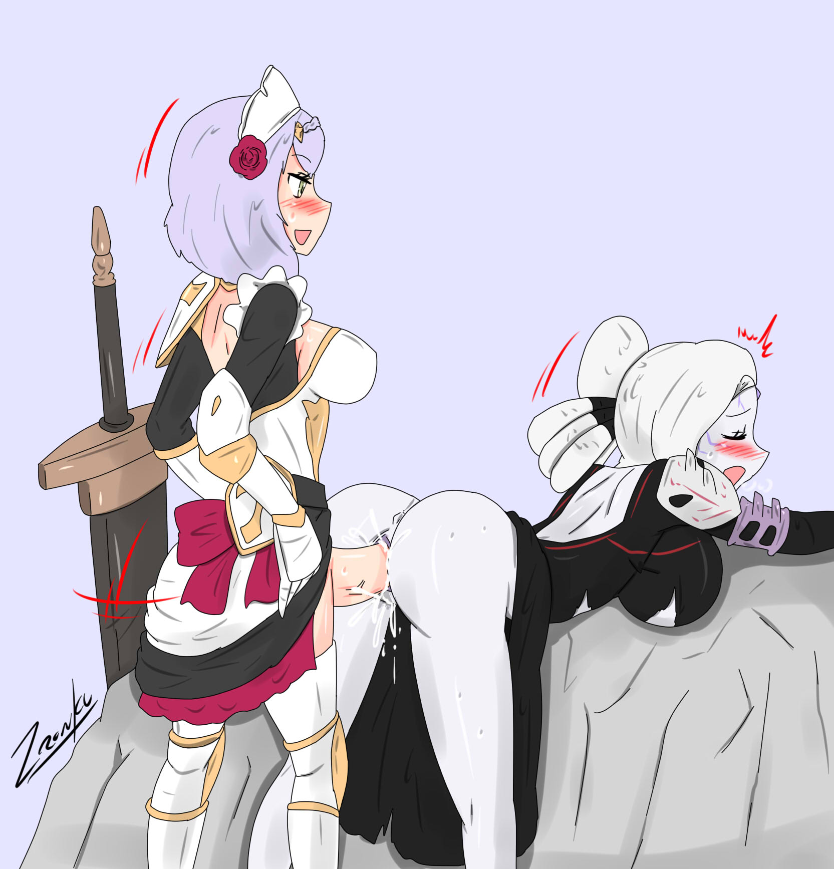 armor, big sword, clothed sex, crossover, defeated, defeated villainess, eastern and western character, female, from behind, futa on female, futanari, genitals, genshin impact, intersex, knight, maid, maid headdress, noelle (genshin impact), on rock, rwby, salem (rwby), sex, sword, weapon, zronku
