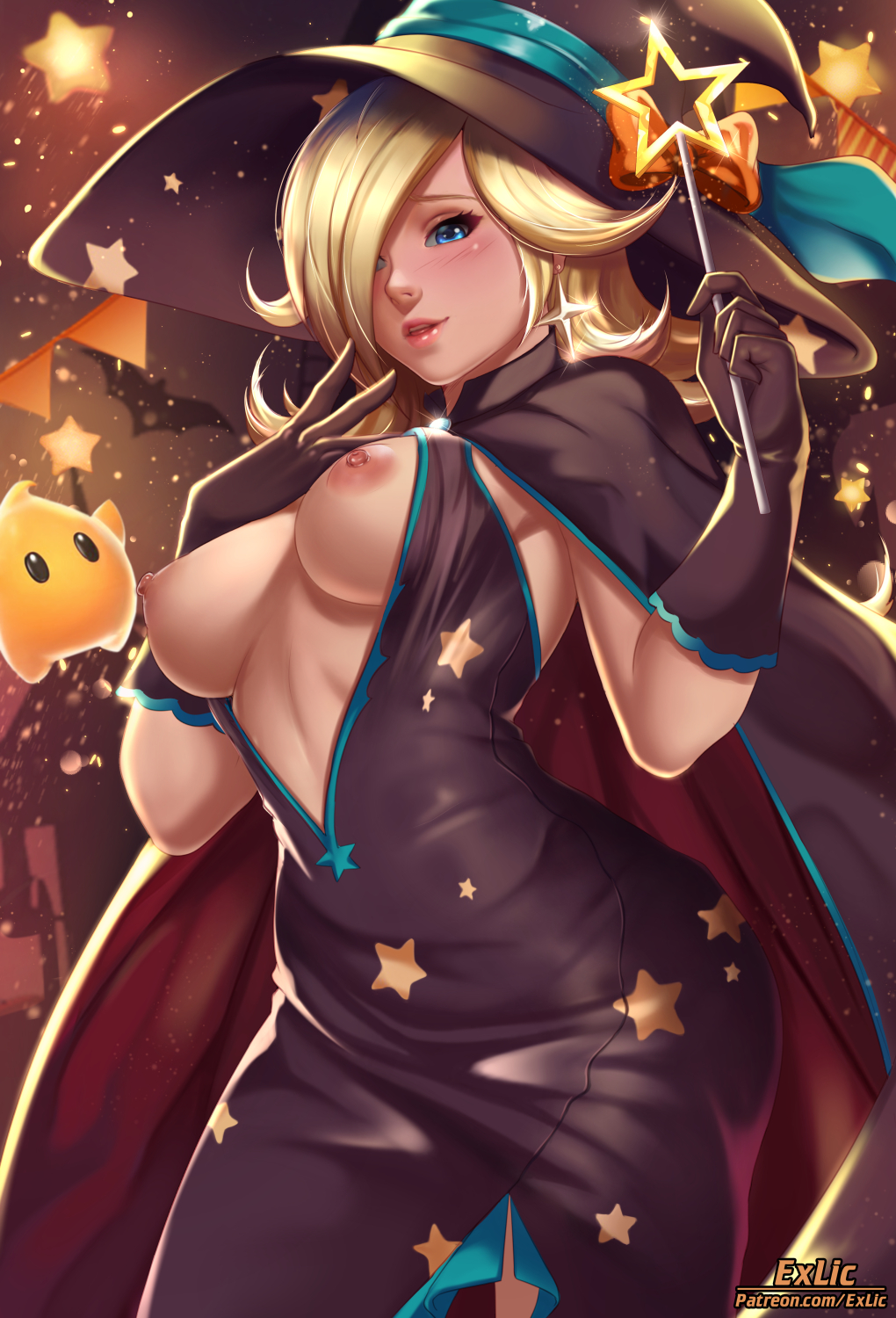 1girls, 1other, ambiguous gender, black dress, blonde hair, blue eyes, blush, breasts, breasts out, dress, exlic, exposed breasts, female, female focus, hat, luma, mario (series), nintendo, nipples, princess rosalina, solo focus, standing, star, super mario galaxy, witch costume, witch hat