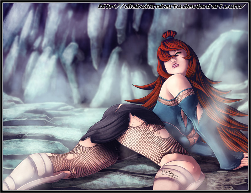 1girls ass bare_shoulders big_breasts boots breasts brown_hair cedric_humbert cleavage female female_only fishnet_pantyhose fishnet_stockings fishnets green_eyes hair_over_one_eye lipstick long_hair long_sleeves lying makeup mei_terumi naruto naruto_(series) naruto_shippuden on_stomach outdoors pantyhose ripped_clothing skirt tied_hair topknot