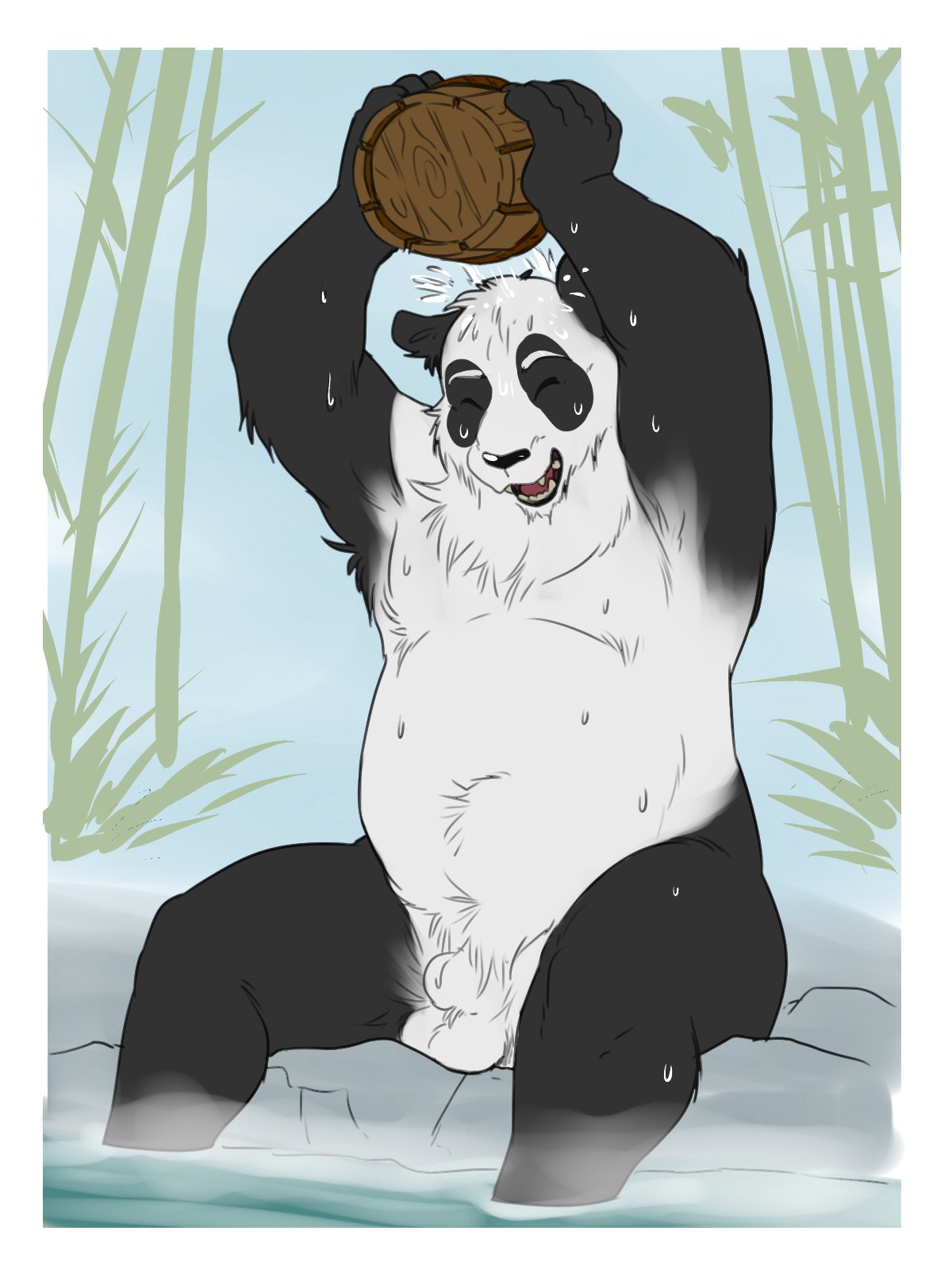 2020 3:4 anthro balls bathing belly black_body black_fur closed_eyes eclipsewolf fur genitals giant_panda hi_res male mammal penis sitting slightly_chubby solo ursid wet white_body white_fur