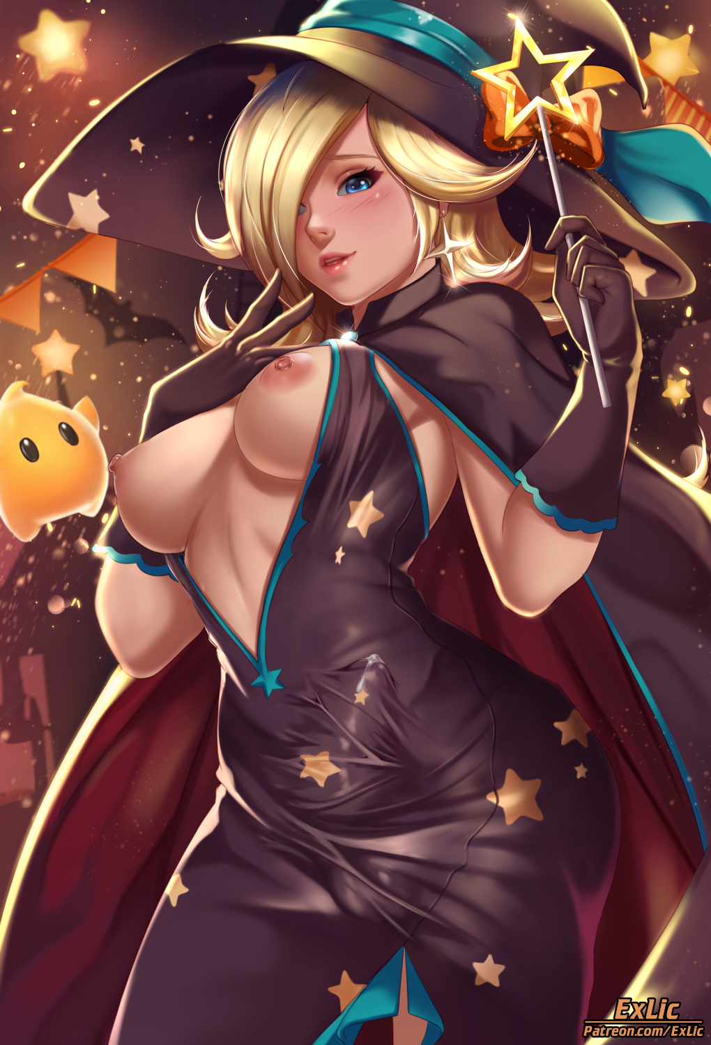 1futa 1other ambiguous_gender areolae big_breasts black_dress black_gloves blonde_hair blue_eyes blush bow breasts bulge center_opening cowboy_shot cum cum_in_clothes cum_through_clothes dickgirl dress ejaculation_under_clothes erection erection_under_clothes exlic futa_focus futanari gloves hair_over_one_eye halloween halloween_costume hat hat_bow highres holding holding_wand large_breasts lips long_hair looking_at_viewer luma mario_(series) medium_breasts nintendo nipple_slip nipples parted_lips patreon_username penis penis_under_clothes princess_rosalina side_slit solo_focus standing star star_(symbol) star_wand super_mario_galaxy taut_clothes wand witch_costume witch_hat