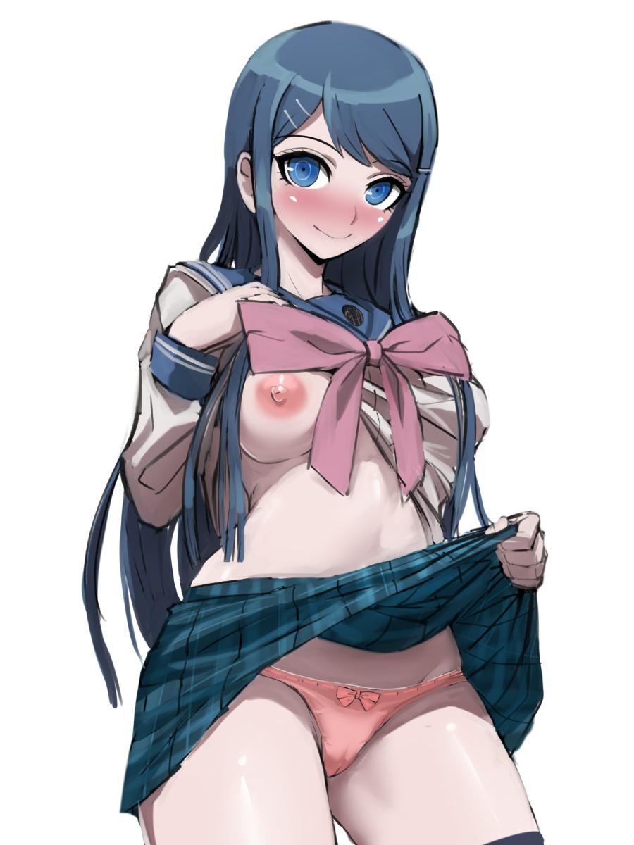 1girls, blue eyes, blush, bow, breasts, breasts out, danganronpa, female, heavy blush, lifted by self, lifting skirt, long hair, maizono sayaka, nipples, no bra, orange panties, panties, pink panties, school uniform, showing, skirt, skirt lift, socks, straight hair, upskirt