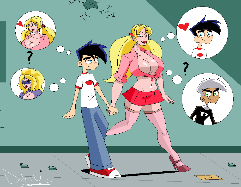 1boy 1girls ? beltskirt black_hair blonde_hair blue_eyes blue_gloves blue_shirt blue_skirt breasts bust busty cleavage collarbone commission crossover danny_fenton danny_phantom erotica_jones eye_mask female hero heroine huge_breasts human humanoid light-skinned_female light_skin marvel massive_ass nickelodeon red_lips standing stripperella voluptuous