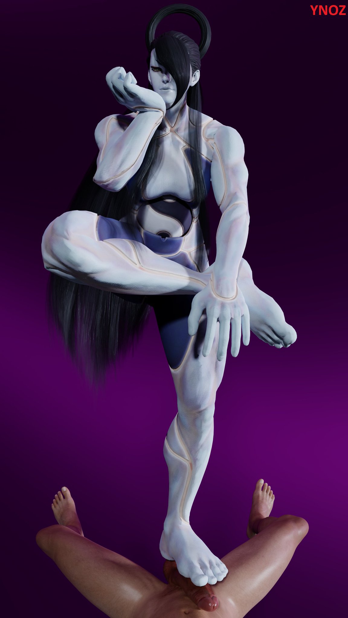 3d, balancing, barefoot, big feet, dark hair, domination, feet, female, femdom, foot fetish, footjob, long hair, male, on one leg, penis, pose, posing, robot, robot girl, seth (doll unit 0), seth (street fighter), soles, stepped on, stepping on penis, street fighter, street fighter v, ynoz