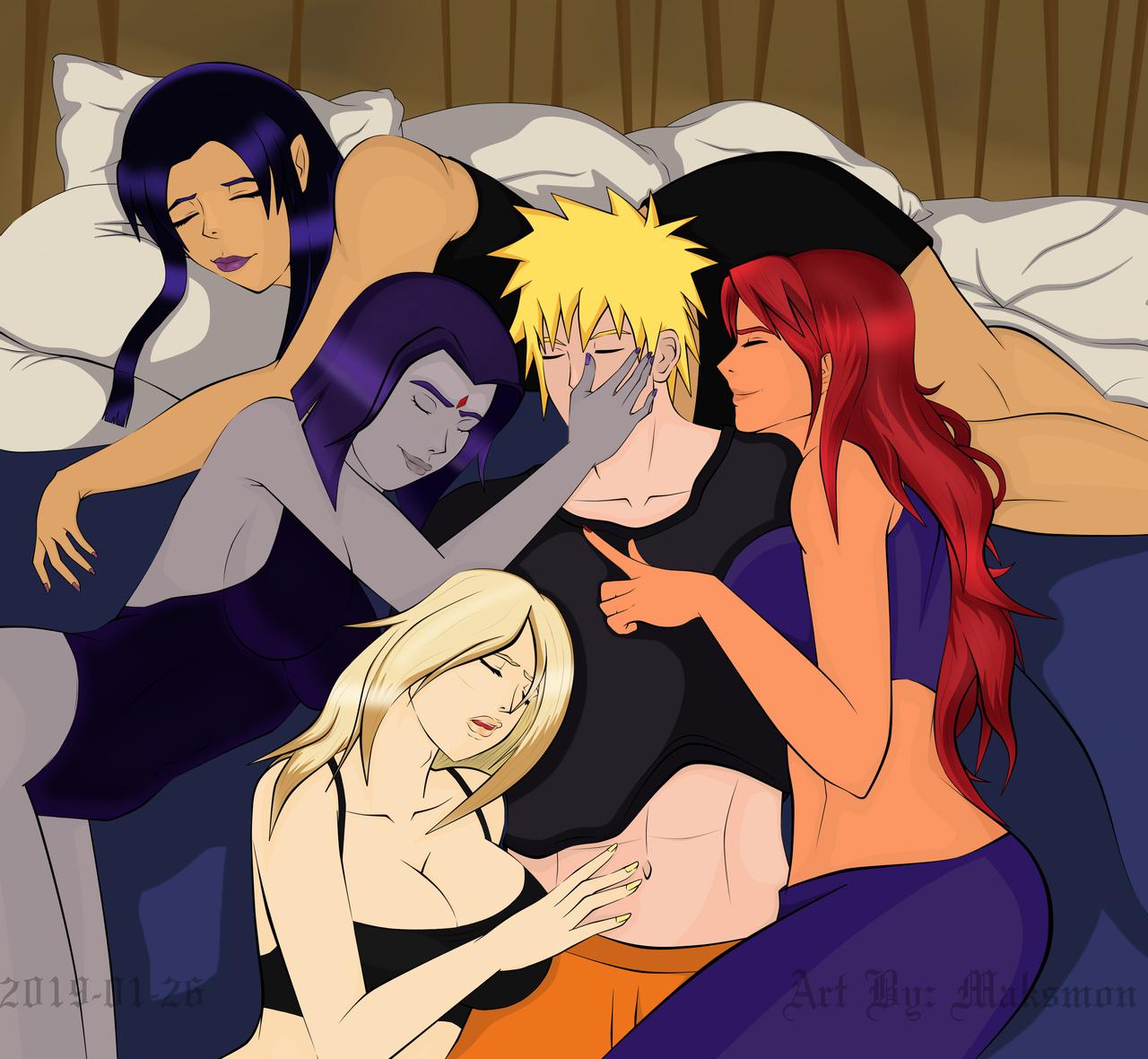 1boy, 4girls, abs, alien, alternate breast size, athletic, athletic female, athletic male, big breasts, blackfire, blonde hair, breasts, bust, busty, cambion, cleavage, closed eyes, clothing, crossover, dc, dc comics, demon, demon girl, eastern and western character, female, forehead jewel, grey skin, half demon, harem, hero, heroine, huge breasts, human, humanoid, interspecies, komand'r, koriand'r, large breasts, legs, long hair, maksmon, male, male focus, multiple females, multiple girls, naruto, naruto (series), naruto shippuden, orange body, orange skin, princess, purple hair, raven (dc), red hair, royalty, short hair, sister, sisters, sleeping, starfire, straight, superhero, superheroine, teen titans, terra (dc), thighs, uzumaki naruto, voluptuous, watermark