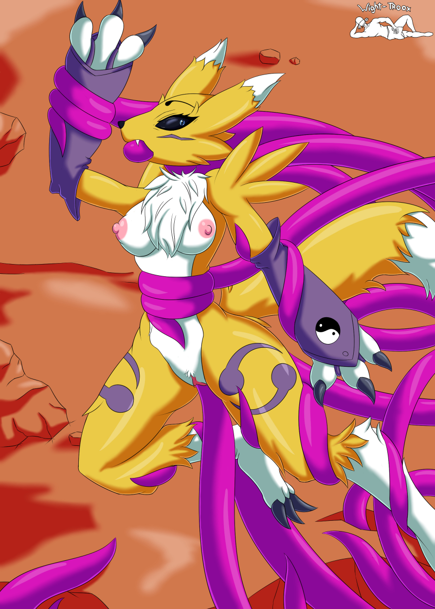 anthro breasts canid canine digimon digimon_(species) female fox genitals hi_res mammal nipples penetration pussy renamon restrained solo tentacle tentacle_in_pussy tentacle_penetration vaginal_penetration vaginal_penetration wight-troox