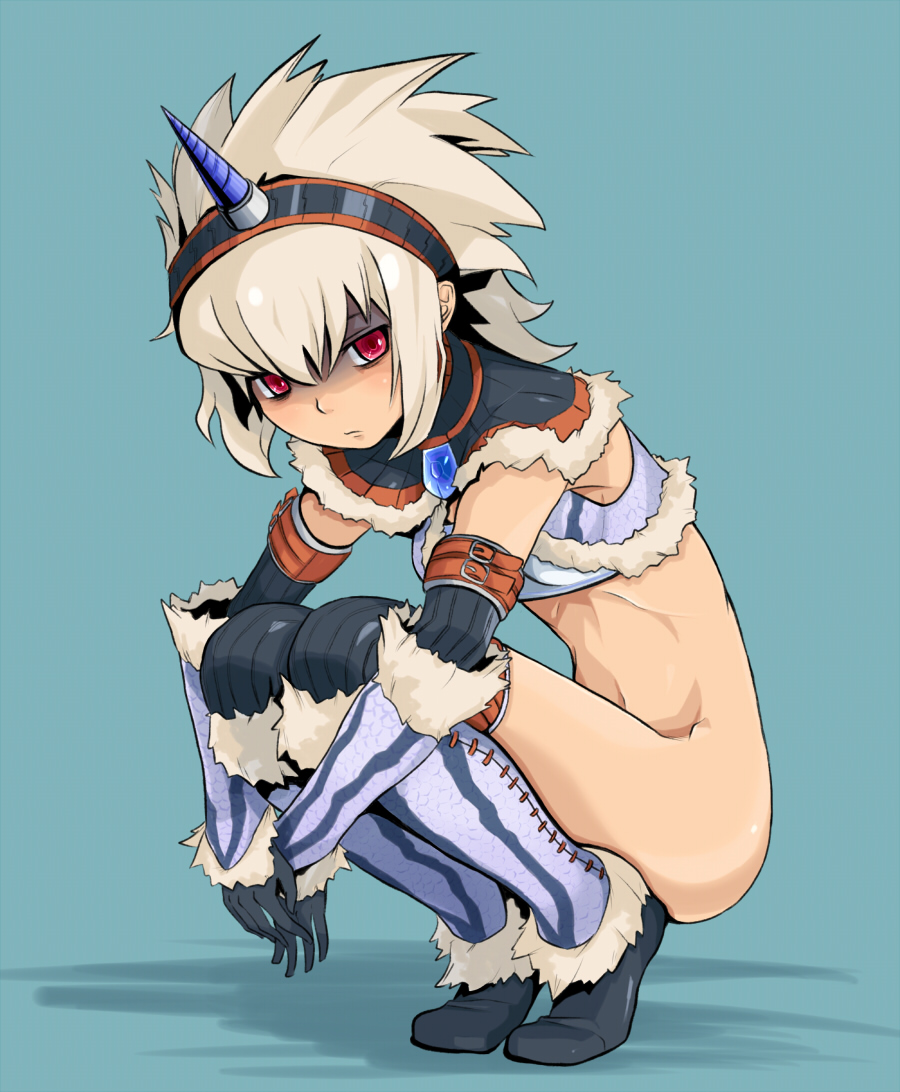 blonde_hair breasts capcom color elbow_gloves female female_only frown gloves hairband horn horns kirin_(armor) monster_hunter no_panties pointy_chin red_eyes short_hair silver_hair small_breasts solo tarayama yuki_taru