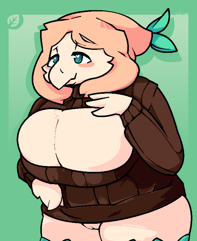 <3_eyes anthro avian beak big_breasts breasts brown_clothing brown_sweater brown_topwear catjam_(artist) clothing feathers female generation_7_pokemon genitals hand_on_breast heart leaf nintendo pokemon pokemon_(species) pussy rowlet simple_background solo sweater topwear