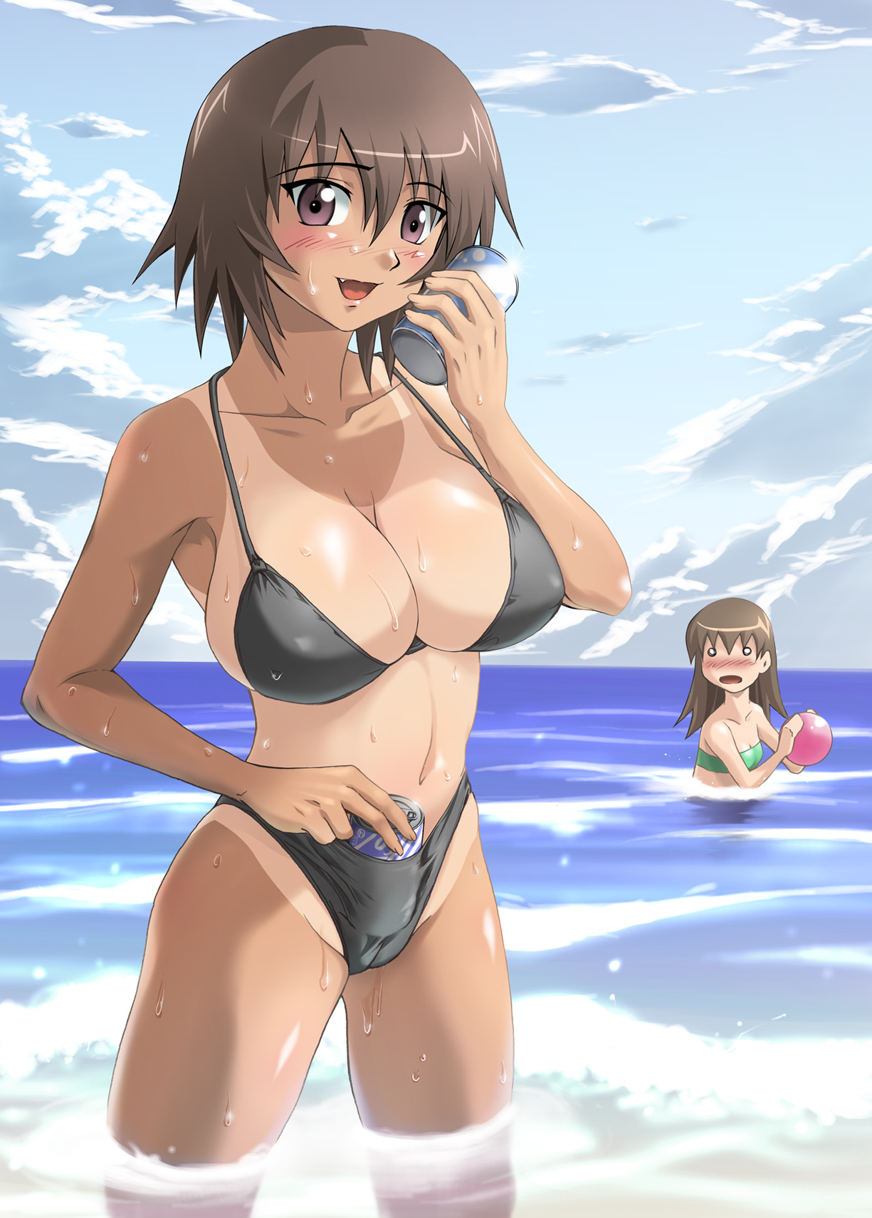 2girls, azumanga daiou, beach, beach ball, big breasts, bikini, black bikini, blush, breasts, brown eyes, brown hair, cleavage, clouds, female, female only, human, japanese, kagura (azumanga daiou), large breasts, multiple females, navel, ocean, shinozuka jouji, small breasts, soda can, swimsuit, tan, tanline, tomo takino, water, wet