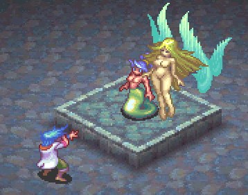 bleu blue_hair breasts breath_of_fire breath_of_fire_iii deis female lamia large_breasts lowres male monster_girl multiple_females myria naga nude pixel_art ryuu_(breath_of_fire_iii) scales tyr