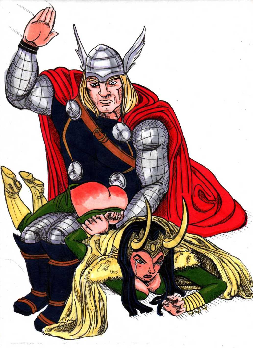 1boy 1girls female hero_on_villain human human_only lady_loki light-skinned_female light-skinned_male light_skin loki_(marvel) male marvel marvel_comics red_ass spanking straight straight_hair tagme thor_(marvel) thor_(series)