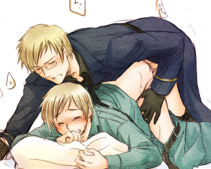 2boys anal axis_powers_hetalia berwald_oxenstierna blonde_hair blush clothed_sex finland_(hetalia) glasses male multiple_boys sex sweden_(hetalia) tino_vainamoinen wince yaoi