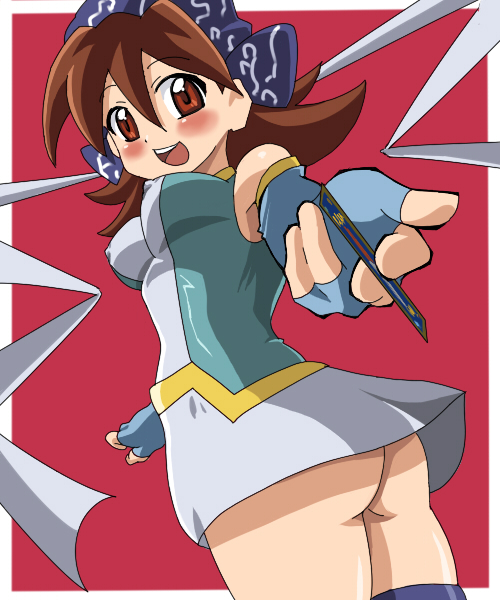 bandana blush breasts brown_hair card erect_nipples female female_only human human_only mint_(pokemon) no_panties pokemon pokemon_trading_card_game pokemon_trading_card_game_(game) red_eyes skirt smile solo