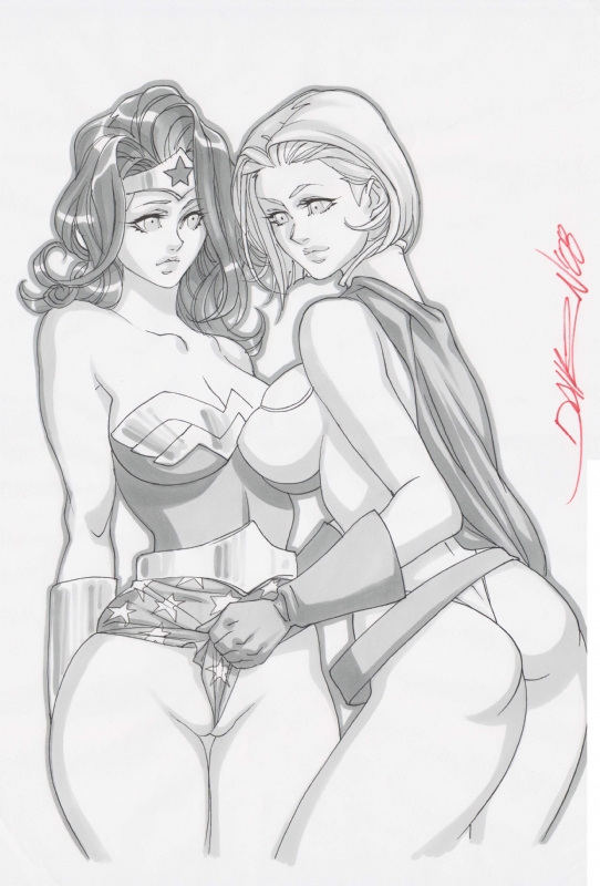 2008 2girls ass cape daikon_(artist) dc dc_comics female kara_zor-l karen_starr leotard monochrome multiple_girls power_girl thong thong_leotard tiara wonder_woman wonder_woman_(series) yuri