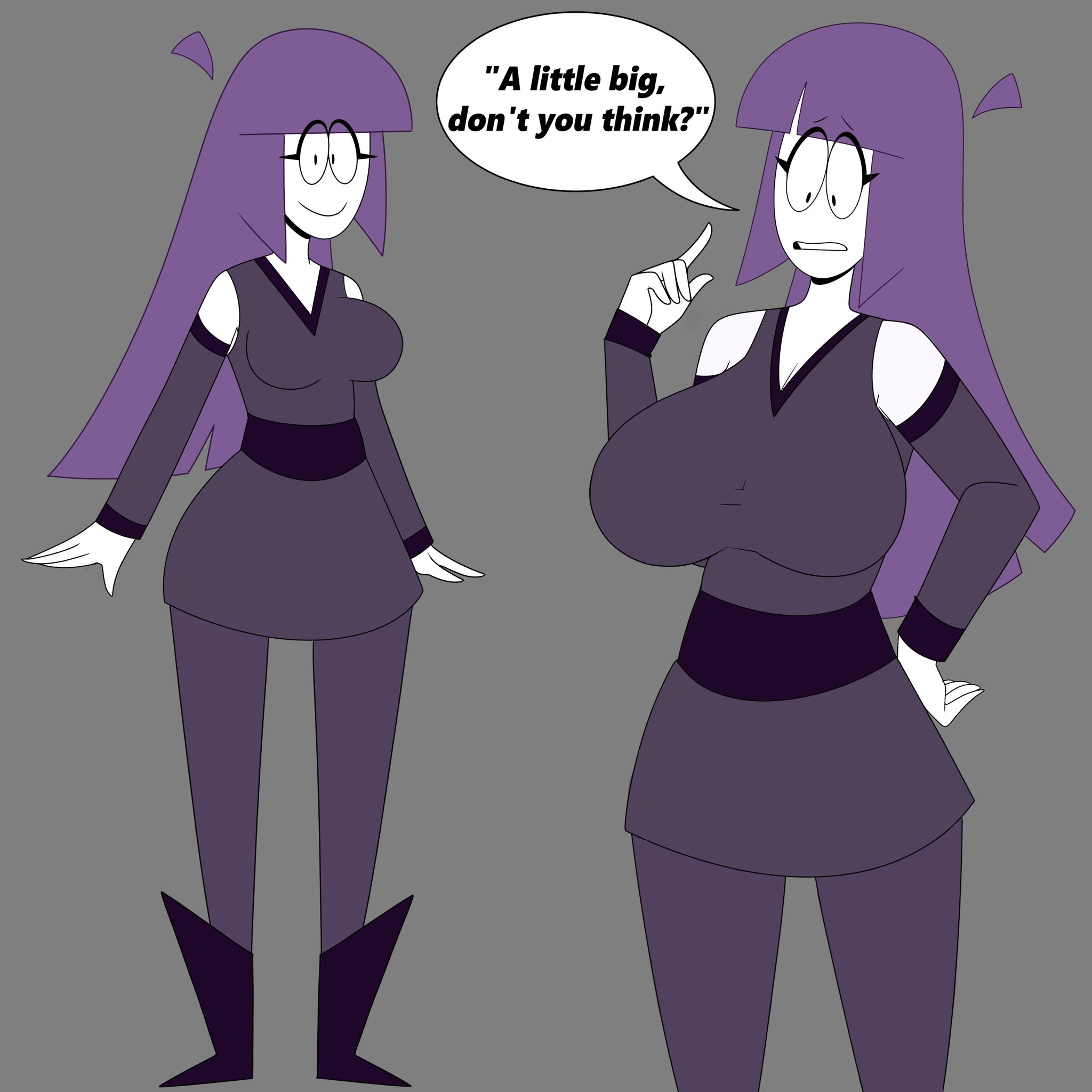 1girls, ahoge, bangs, bare shoulders, big breasts, blunt bangs, breasts, closed mouth, clothing, detached sleeves, dialogue, dress, english text, female, female only, flat color, glasses, grey background, hand on hip, large breasts, lila (spooky month), long hair, milf, pantyhose, purple hair, saltynoodles, simple background, smile, solo, speech bubble, spooky month, text, thick thighs, white skin, wide hips
